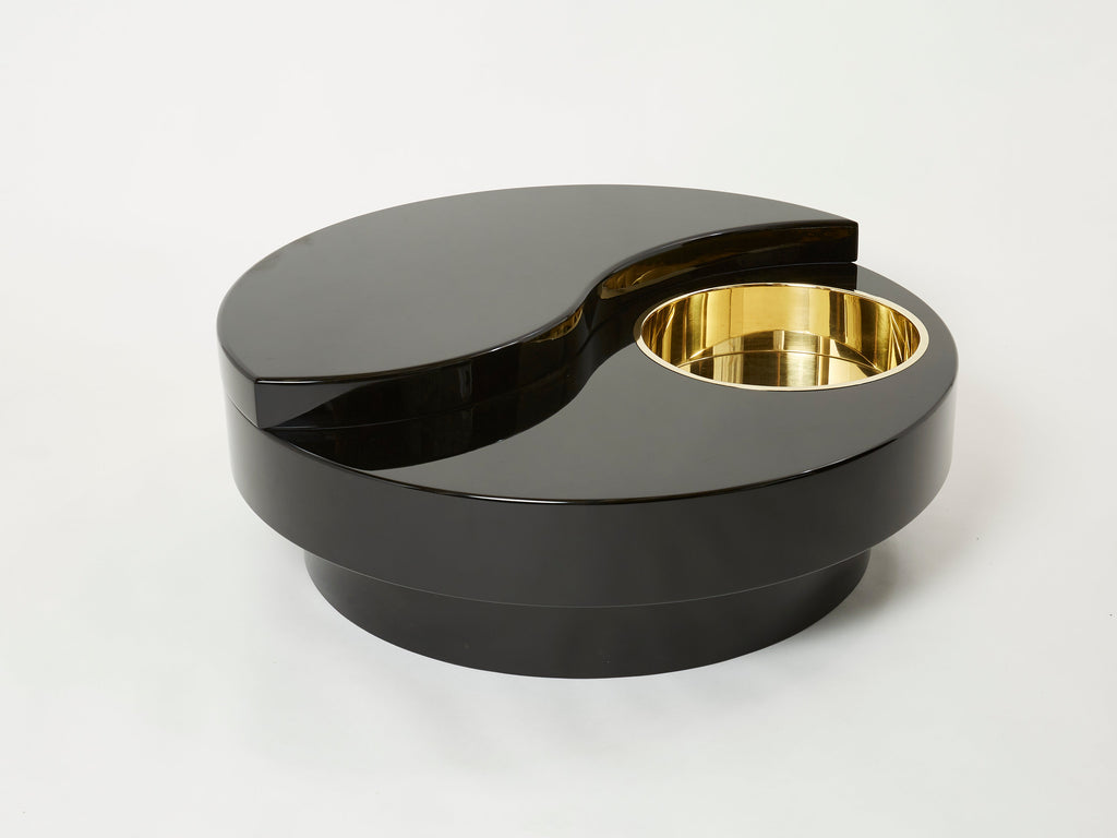 Willy Rizzo black lacquer brass bar swivel coffee table TRG 1970s