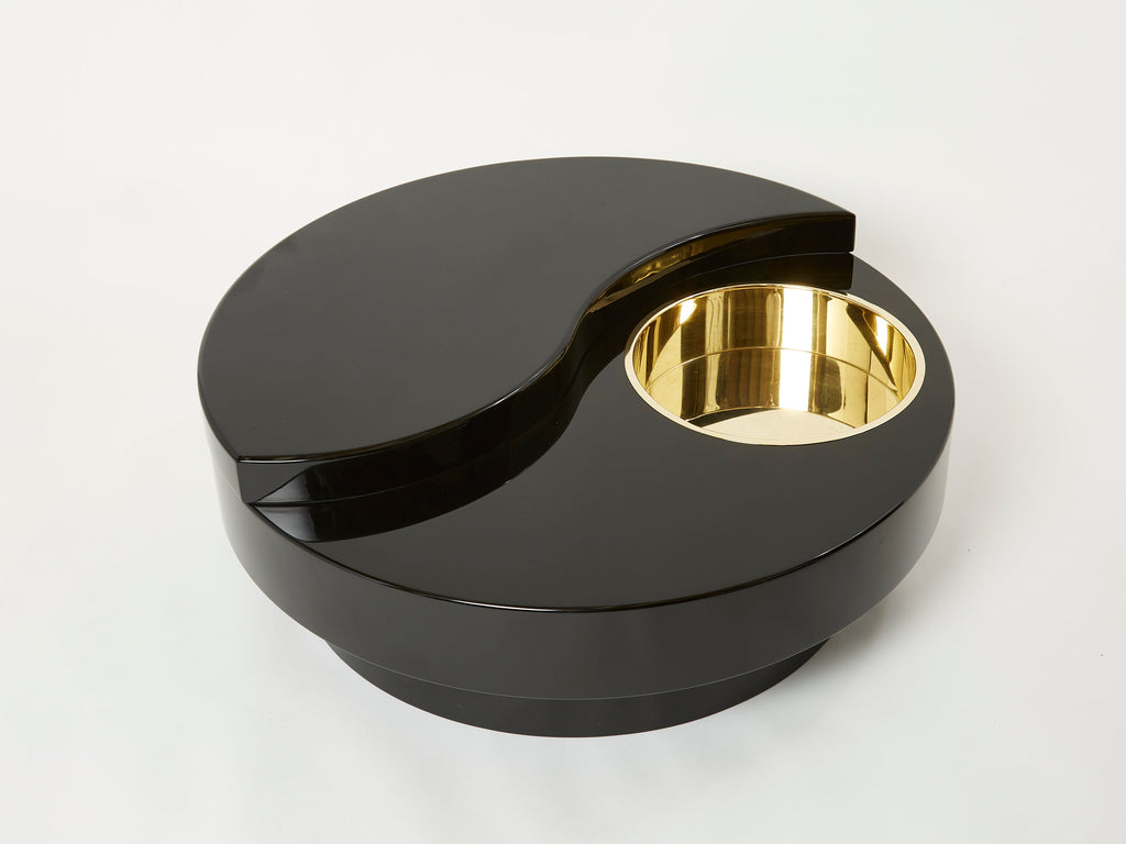 Willy Rizzo black lacquer brass bar swivel coffee table TRG 1970s