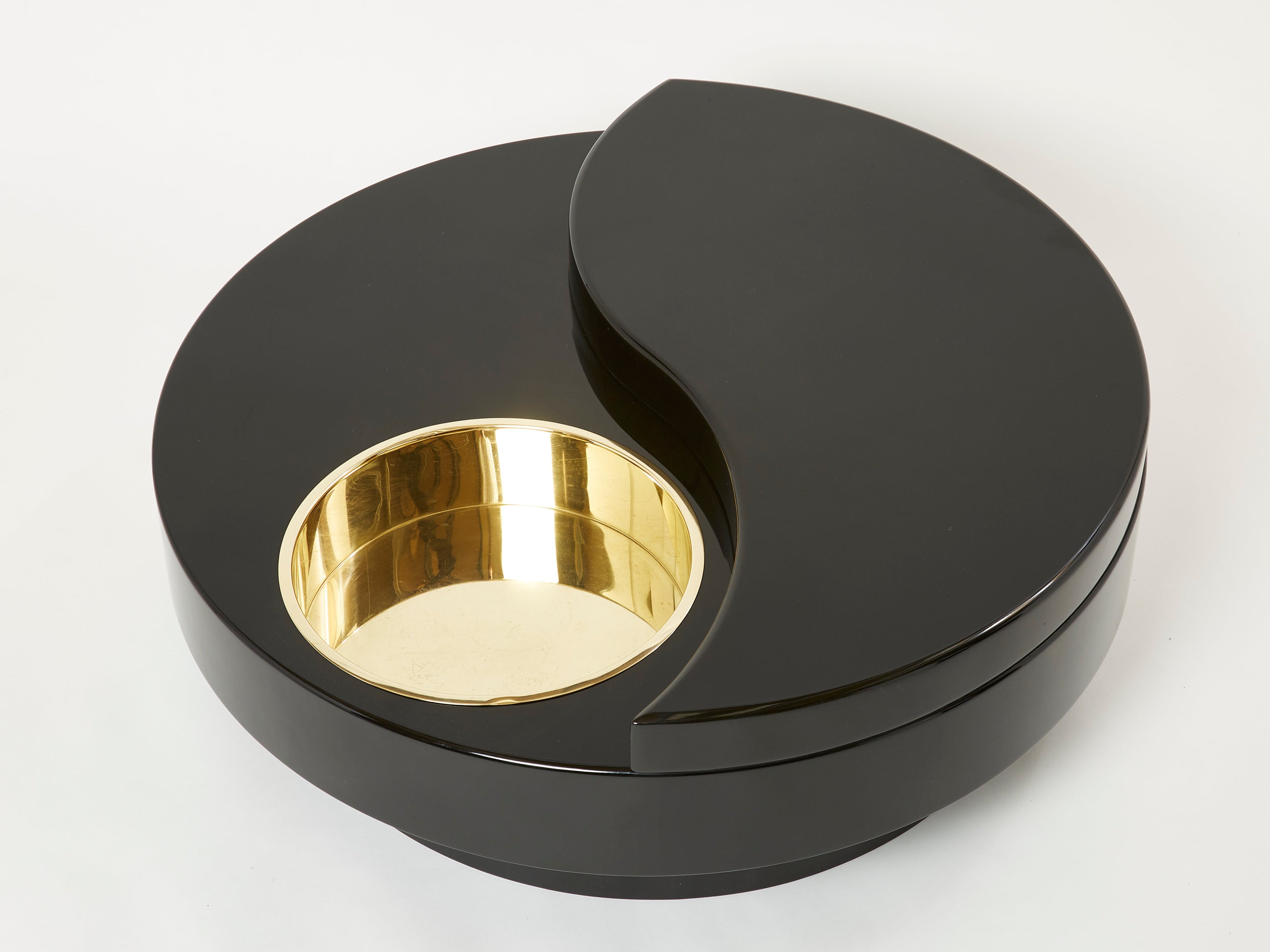 Willy Rizzo black lacquer brass bar swivel coffee table TRG 1970s