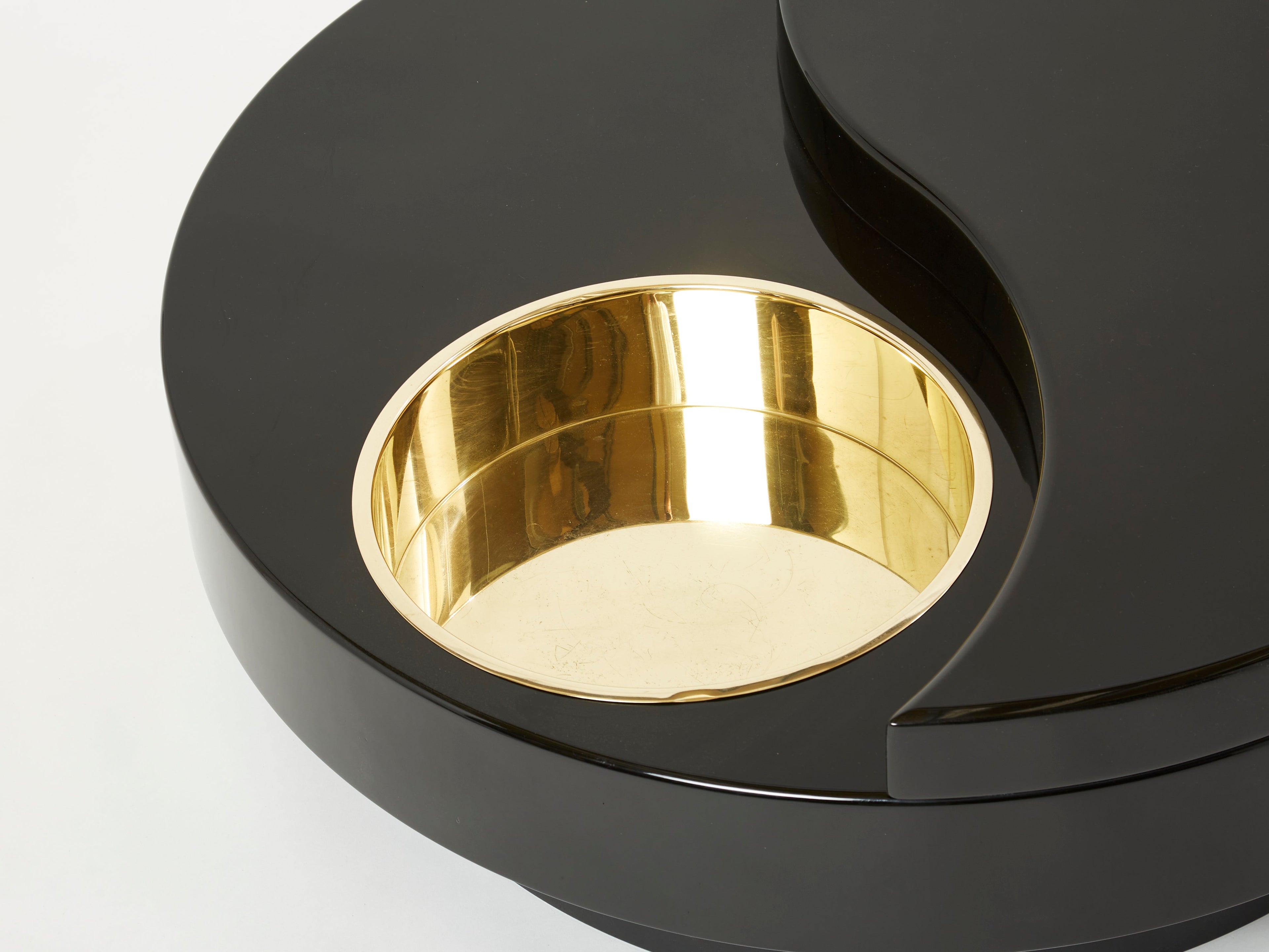 Willy Rizzo black lacquer brass bar swivel coffee table TRG 1970s