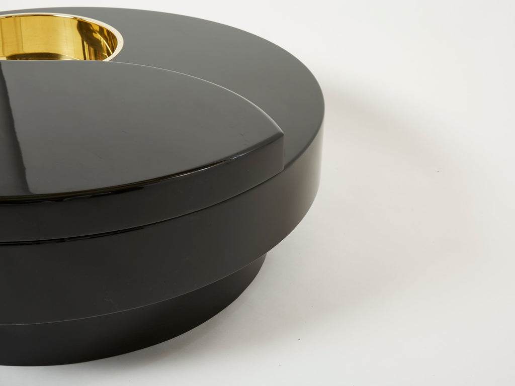 Willy Rizzo black lacquer brass bar swivel coffee table TRG 1970s