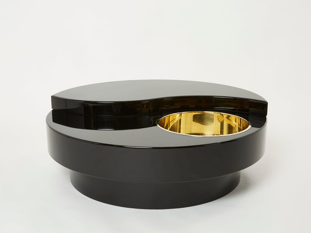 Willy Rizzo black lacquer brass bar swivel coffee table TRG 1970s