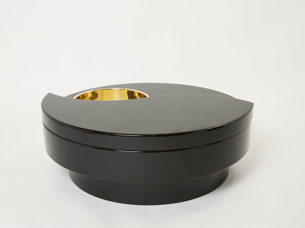 Willy Rizzo black lacquer brass bar swivel coffee table TRG 1970s