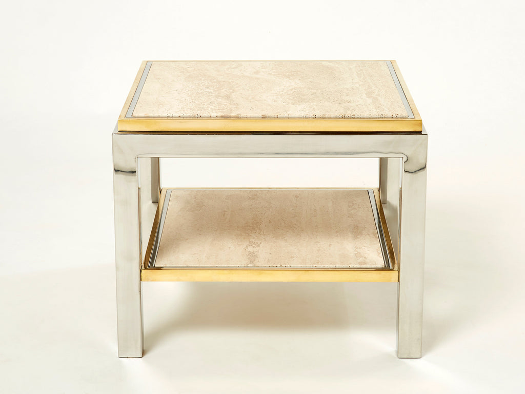 Two-Tier brass chrome travertine end table Willy Rizzo Flaminia 1970s