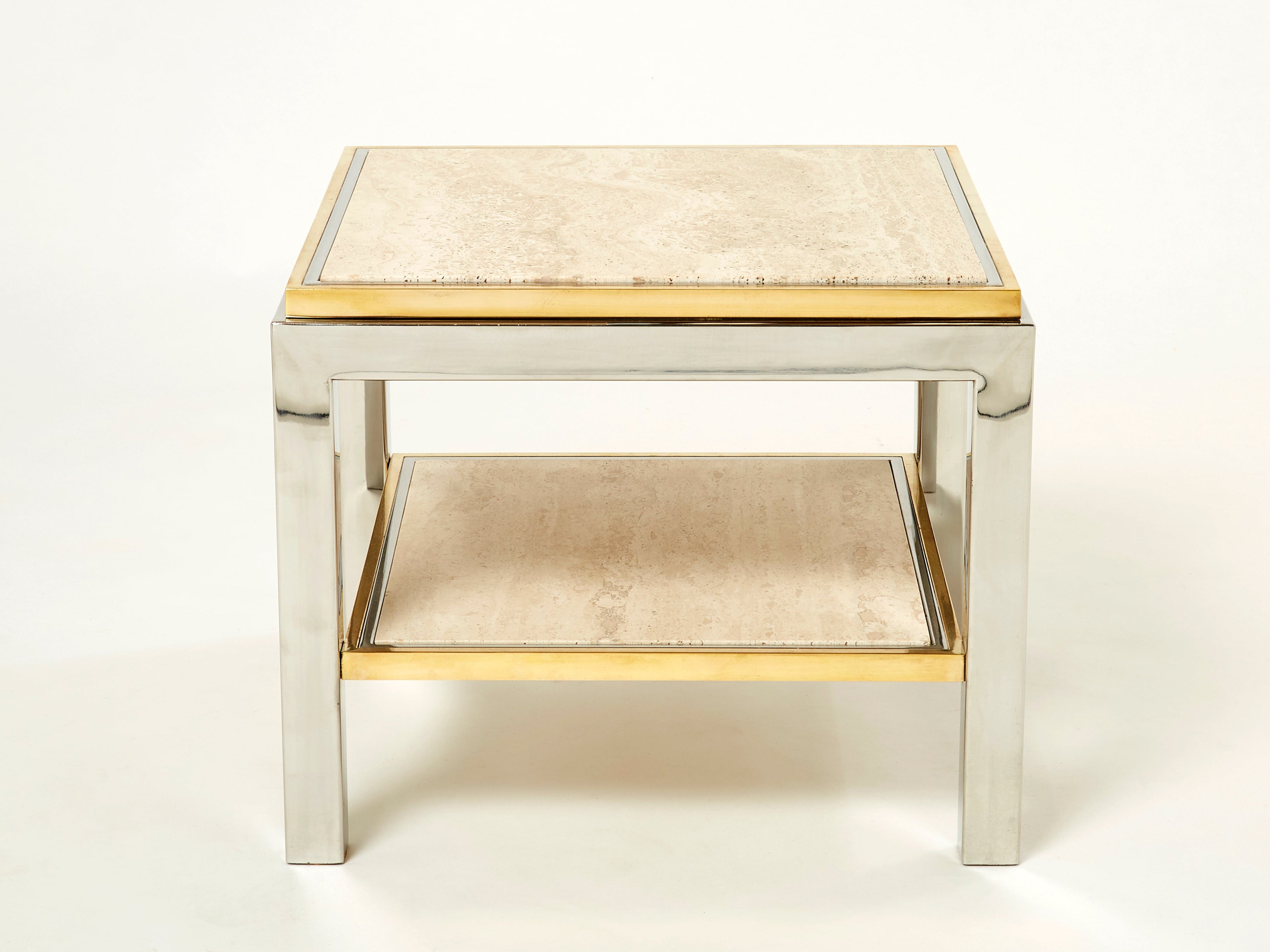 Two-Tier brass chrome travertine end table Willy Rizzo Flaminia 1970s