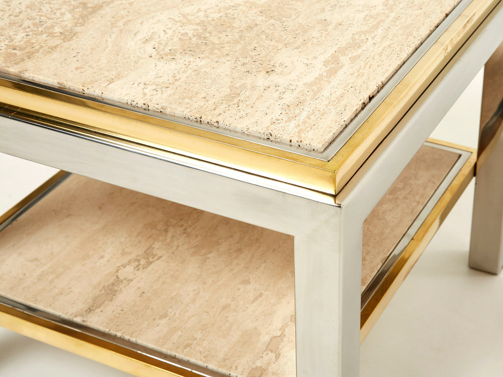 Two-Tier brass chrome travertine end table Willy Rizzo Flaminia 1970s