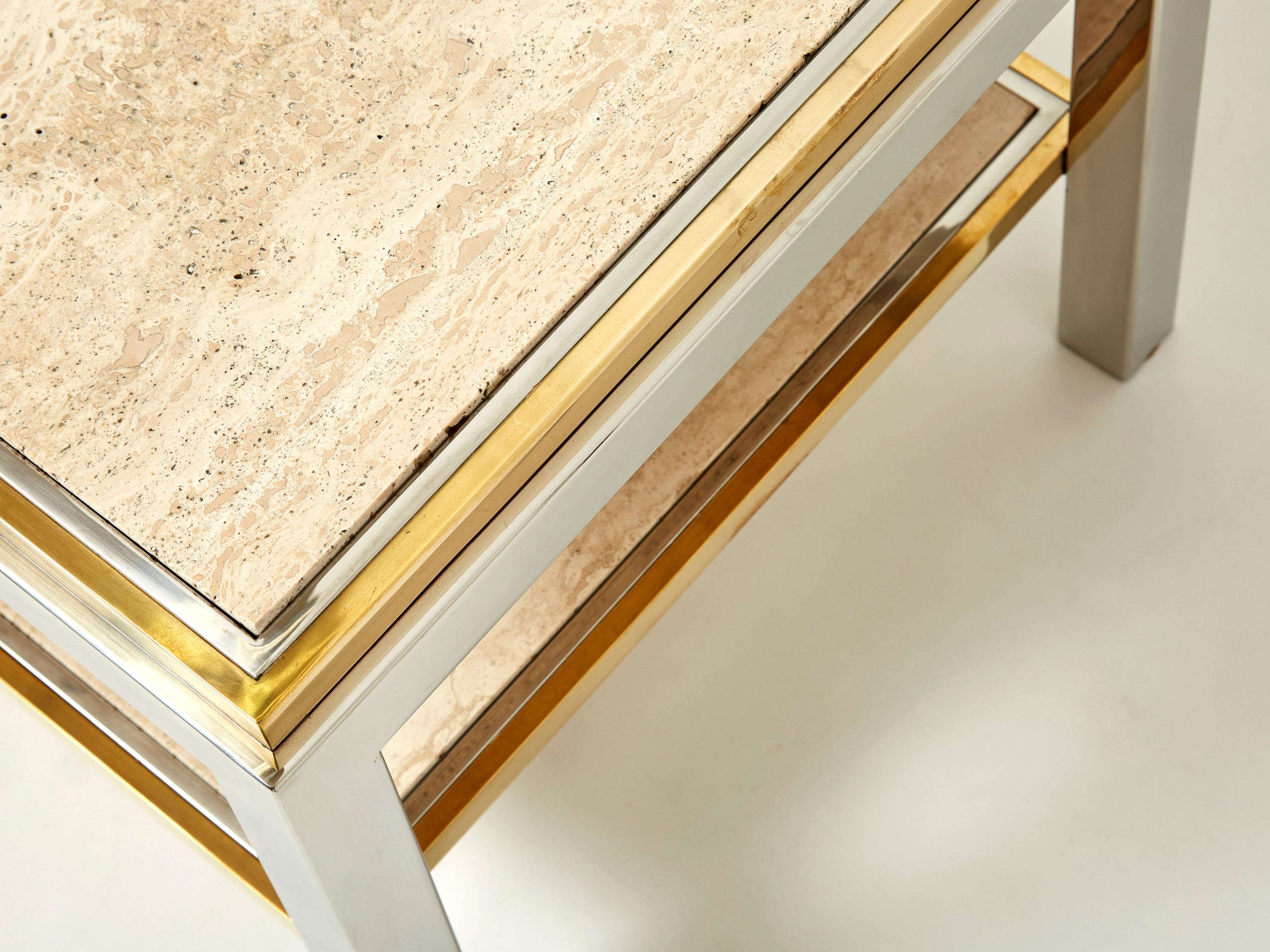 Two-Tier brass chrome travertine end table Willy Rizzo Flaminia 1970s