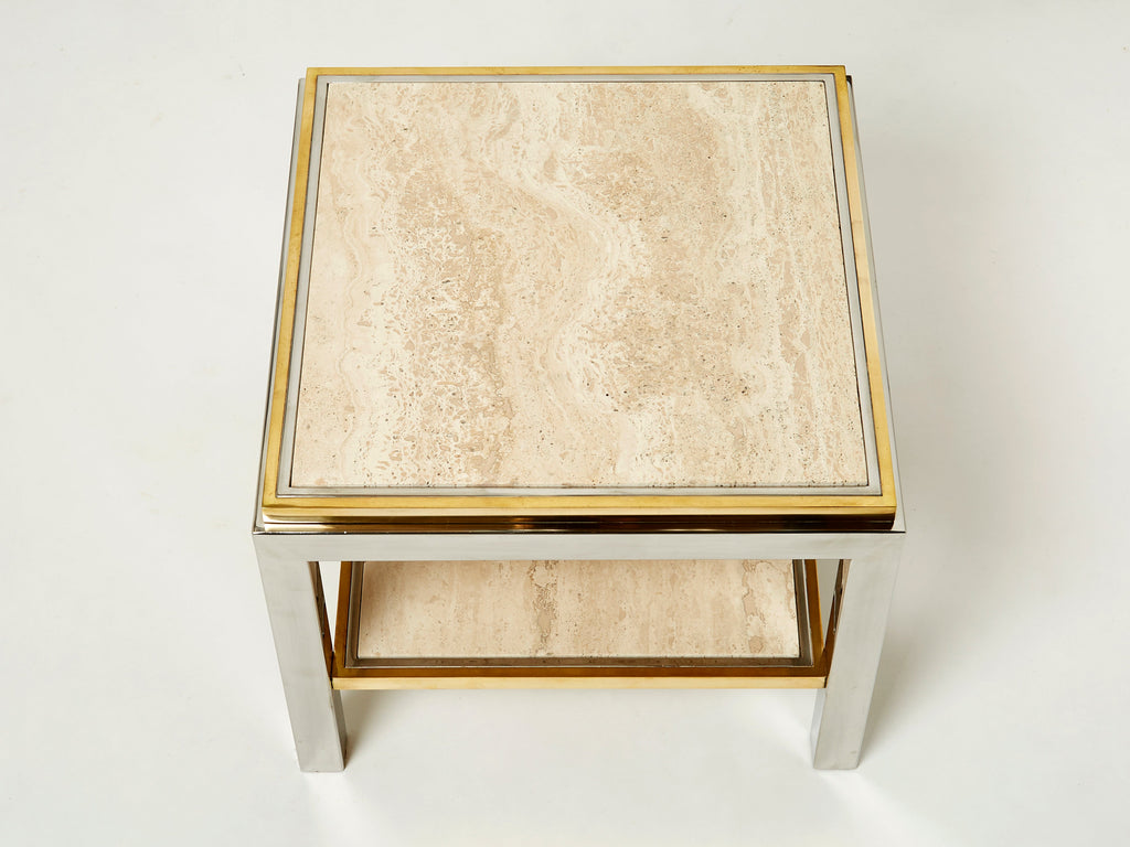 Two-Tier brass chrome travertine end table Willy Rizzo Flaminia 1970s