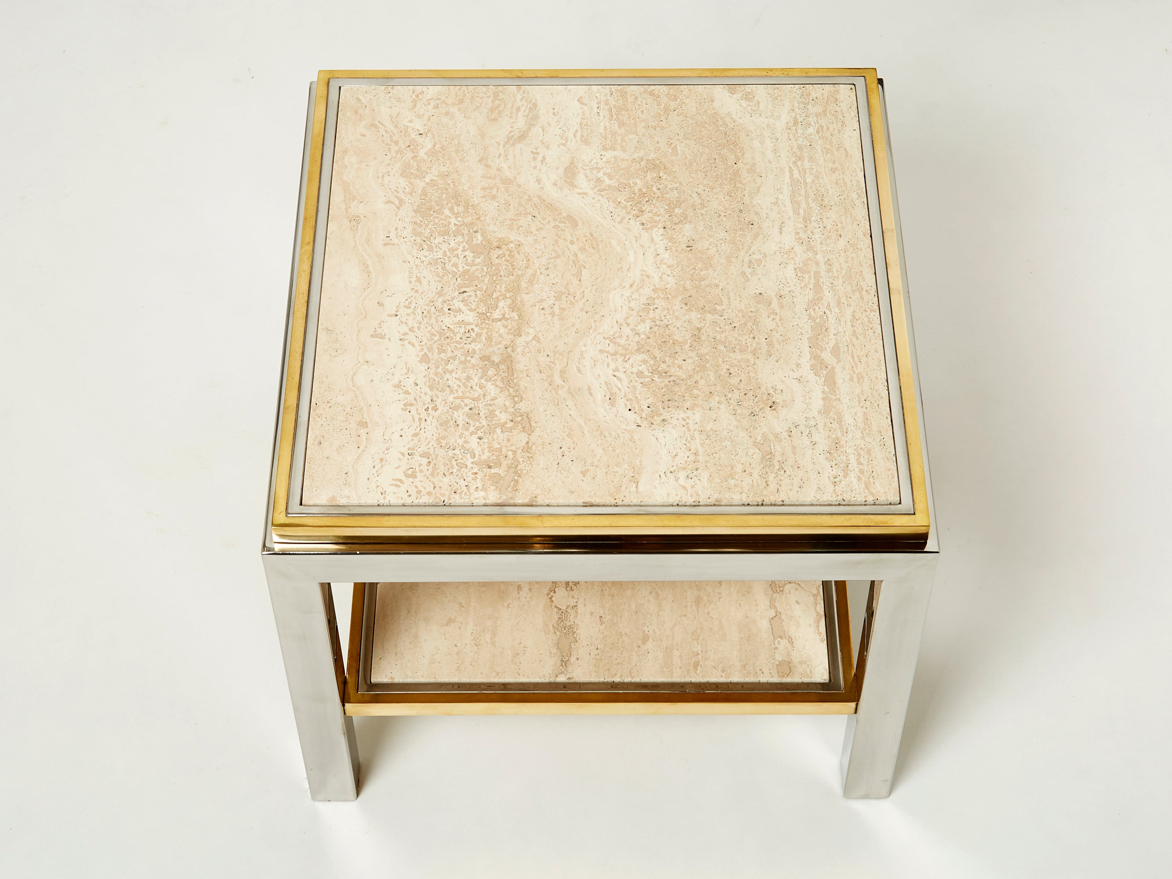 Two-Tier brass chrome travertine end table Willy Rizzo Flaminia 1970s