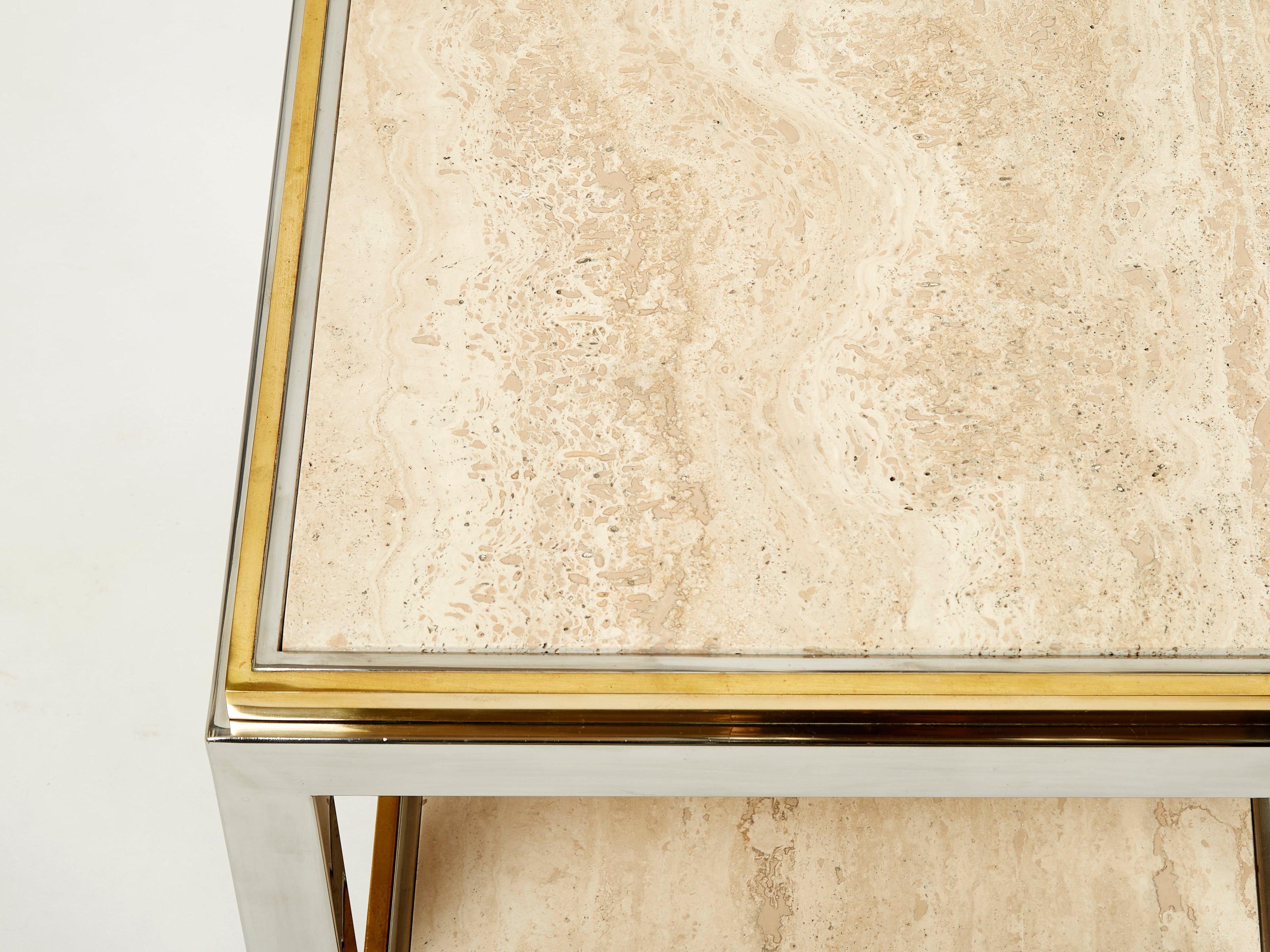 Two-Tier brass chrome travertine end table Willy Rizzo Flaminia 1970s