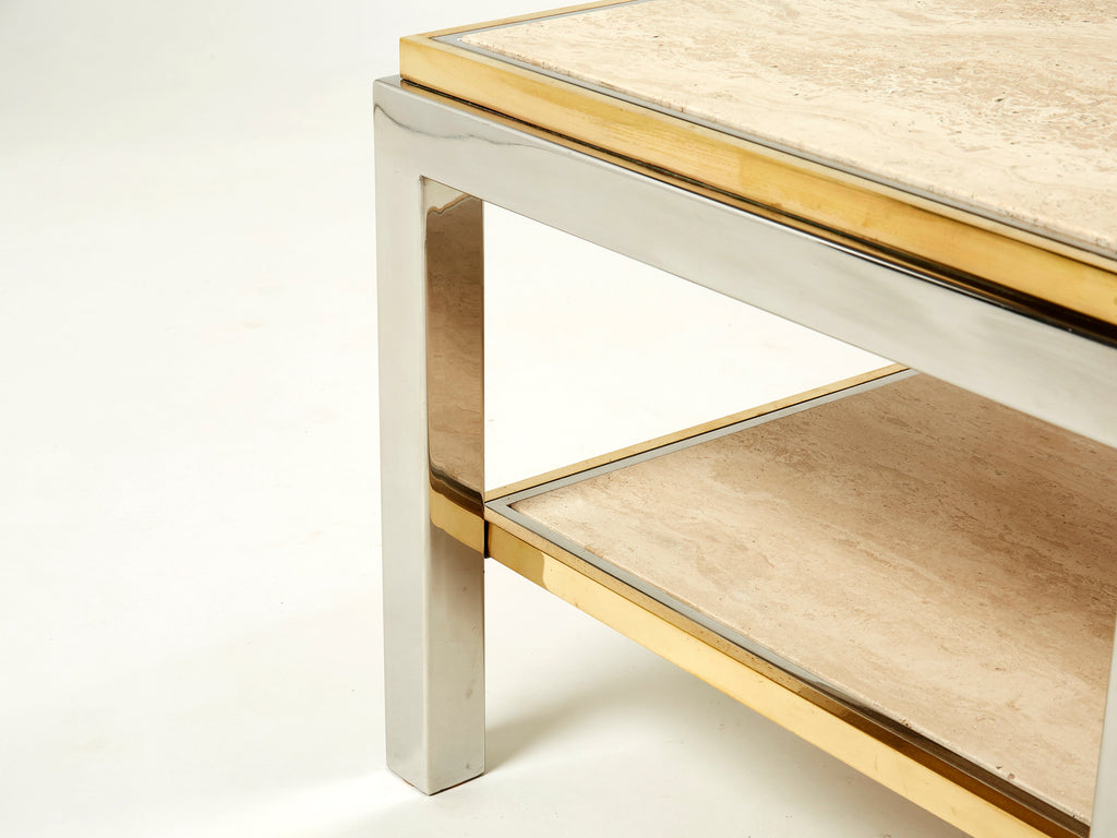 Two-Tier brass chrome travertine end table Willy Rizzo Flaminia 1970s