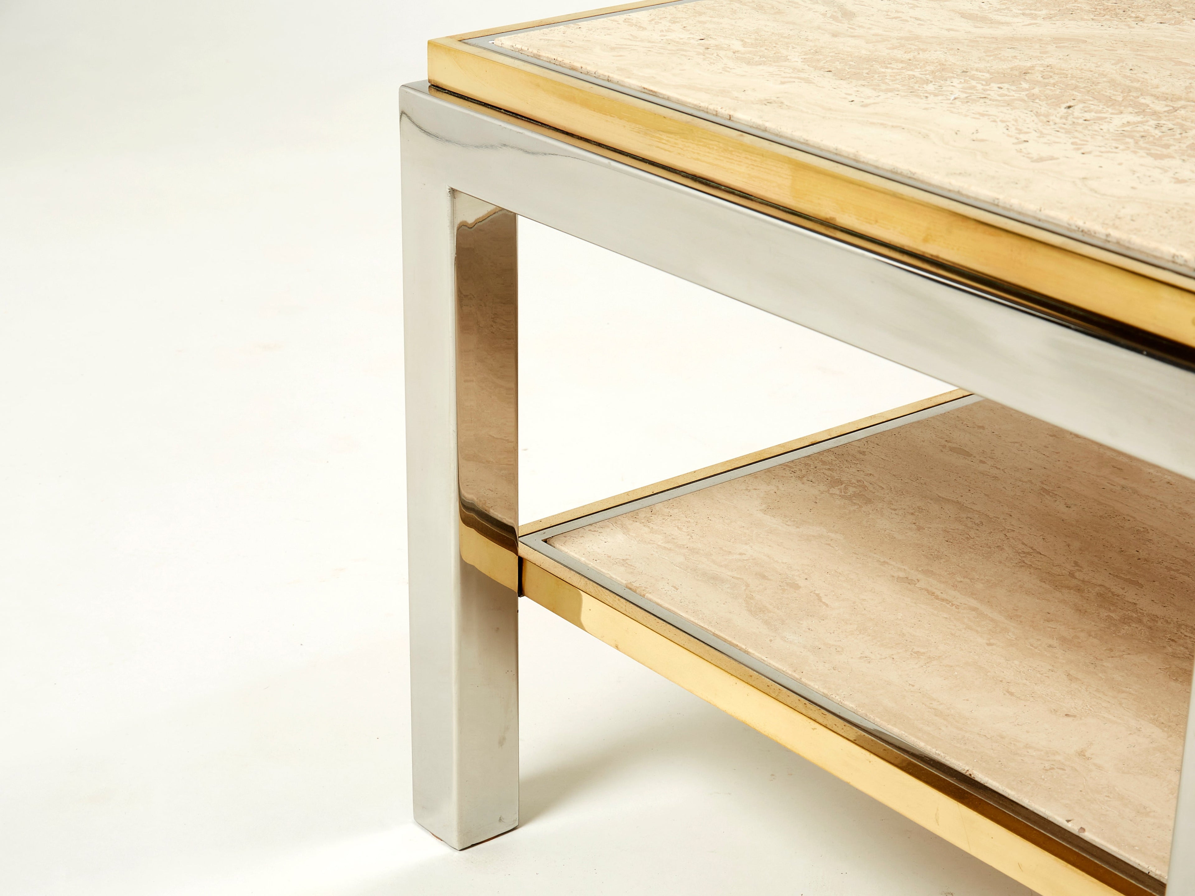Two-Tier brass chrome travertine end table Willy Rizzo Flaminia 1970s