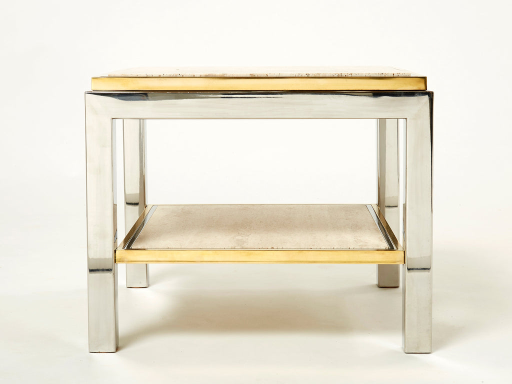 Two-Tier brass chrome travertine end table Willy Rizzo Flaminia 1970s
