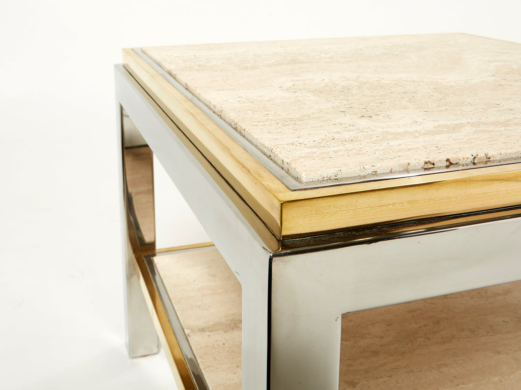 Two-Tier brass chrome travertine end table Willy Rizzo Flaminia 1970s