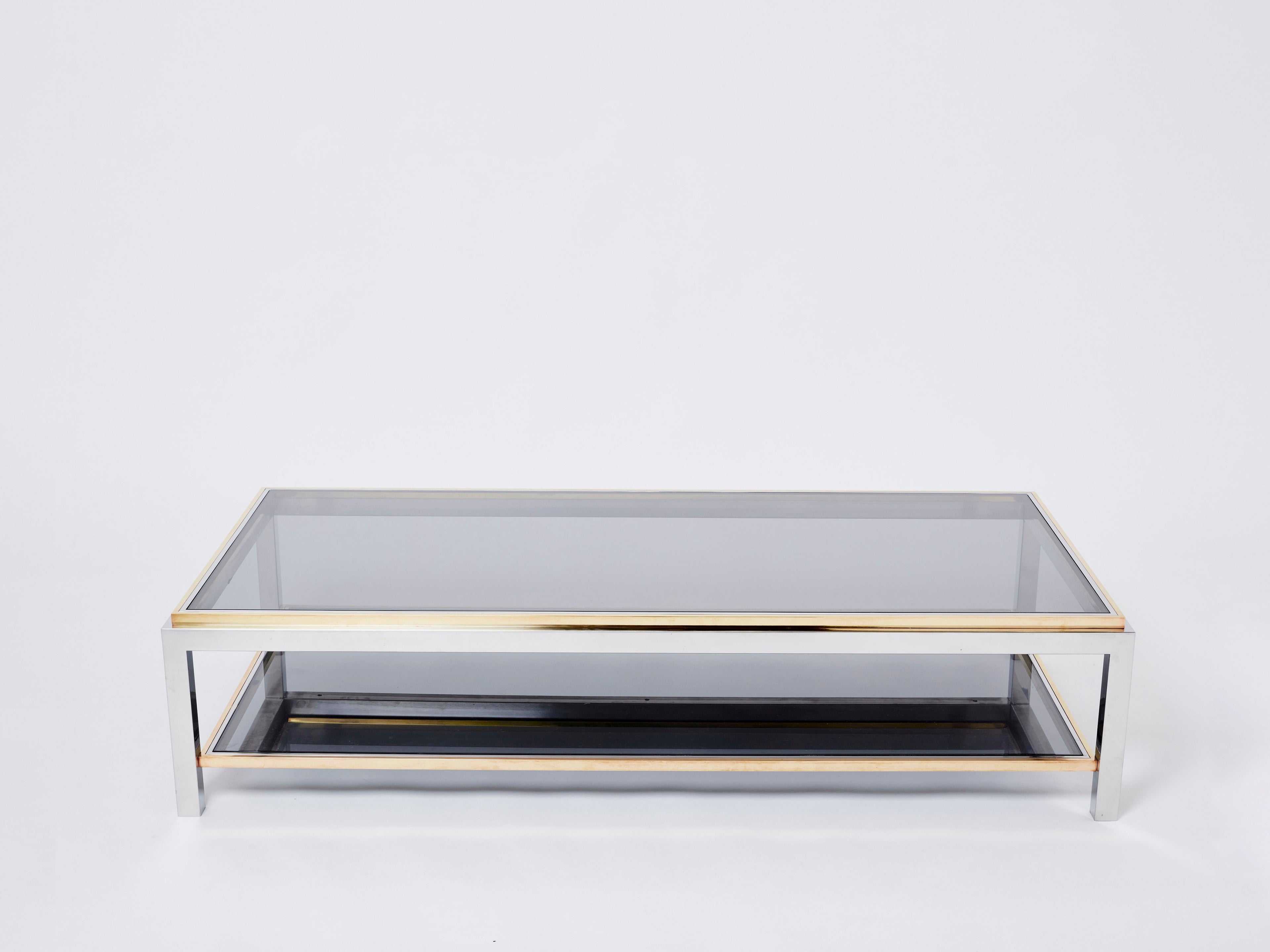 Willy Rizzo Two-Tier brass chrome smoked glass coffee table Flaminia 1970s