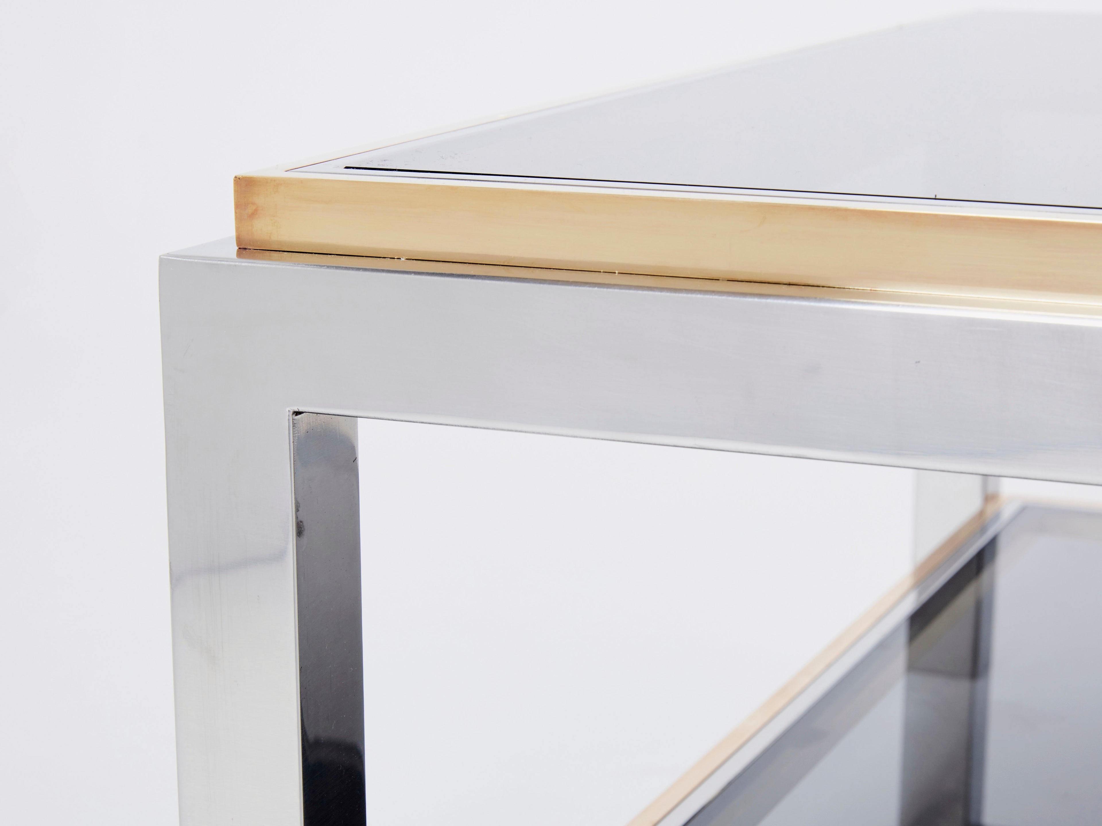 Willy Rizzo Two-Tier brass chrome smoked glass coffee table Flaminia 1970s