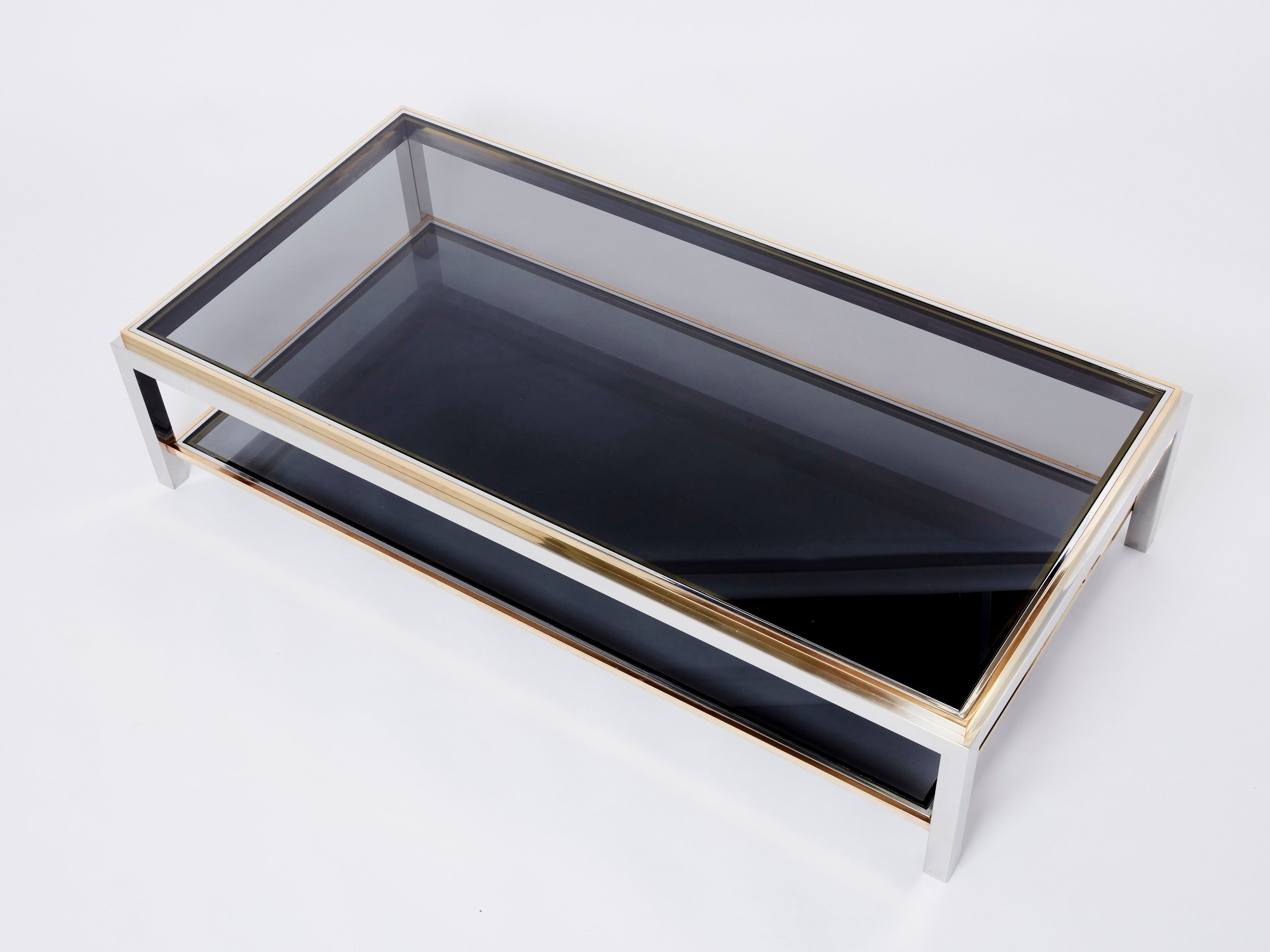 Willy Rizzo Two-Tier brass chrome smoked glass coffee table Flaminia 1970s