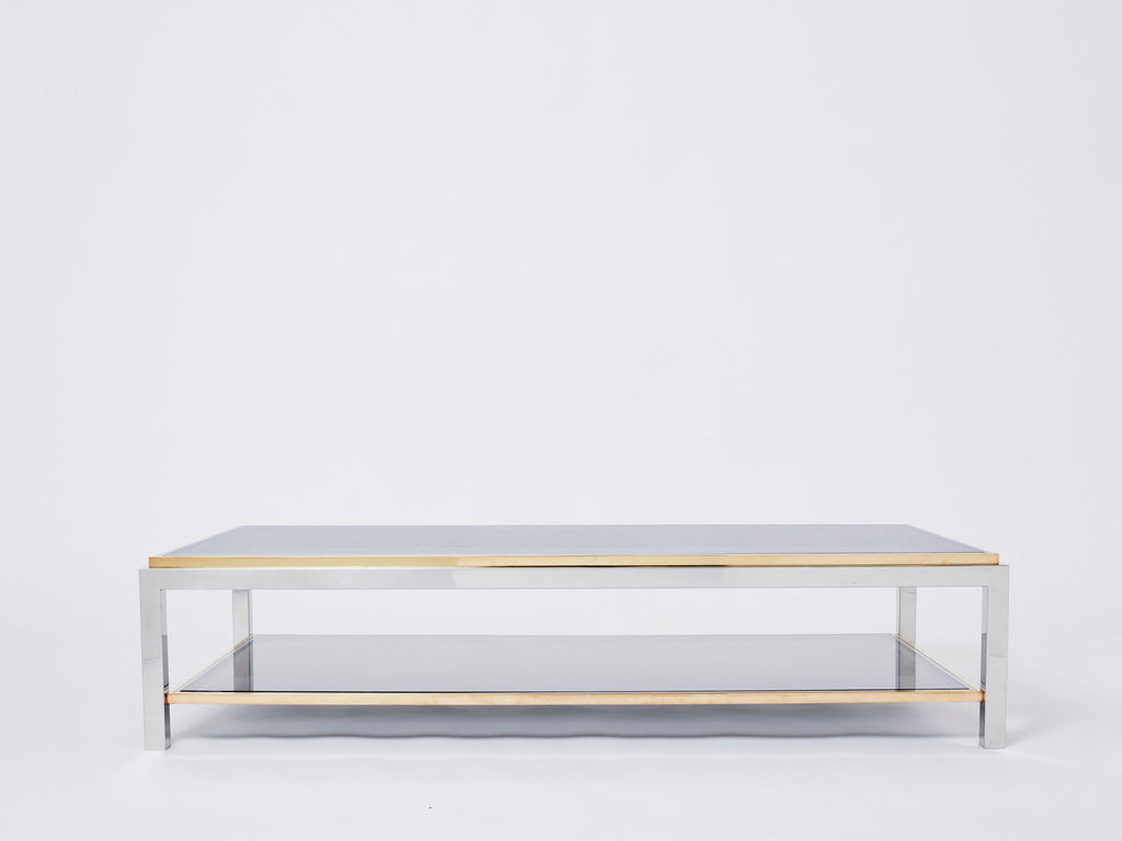 Willy Rizzo Two-Tier brass chrome smoked glass coffee table Flaminia 1970s