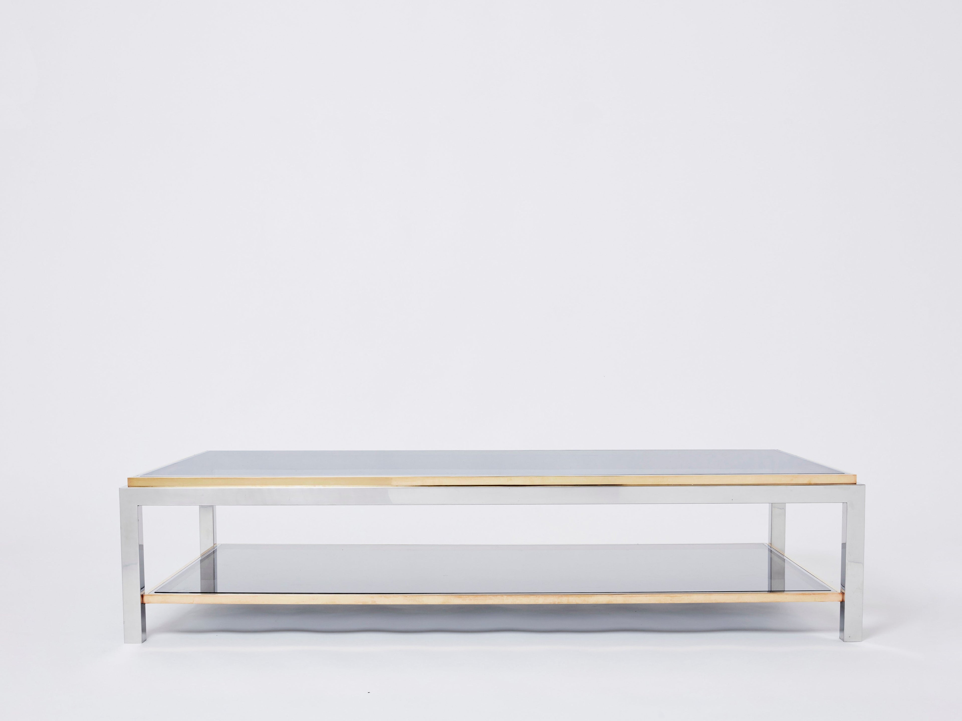 Willy Rizzo Two-Tier brass chrome smoked glass coffee table Flaminia 1970s
