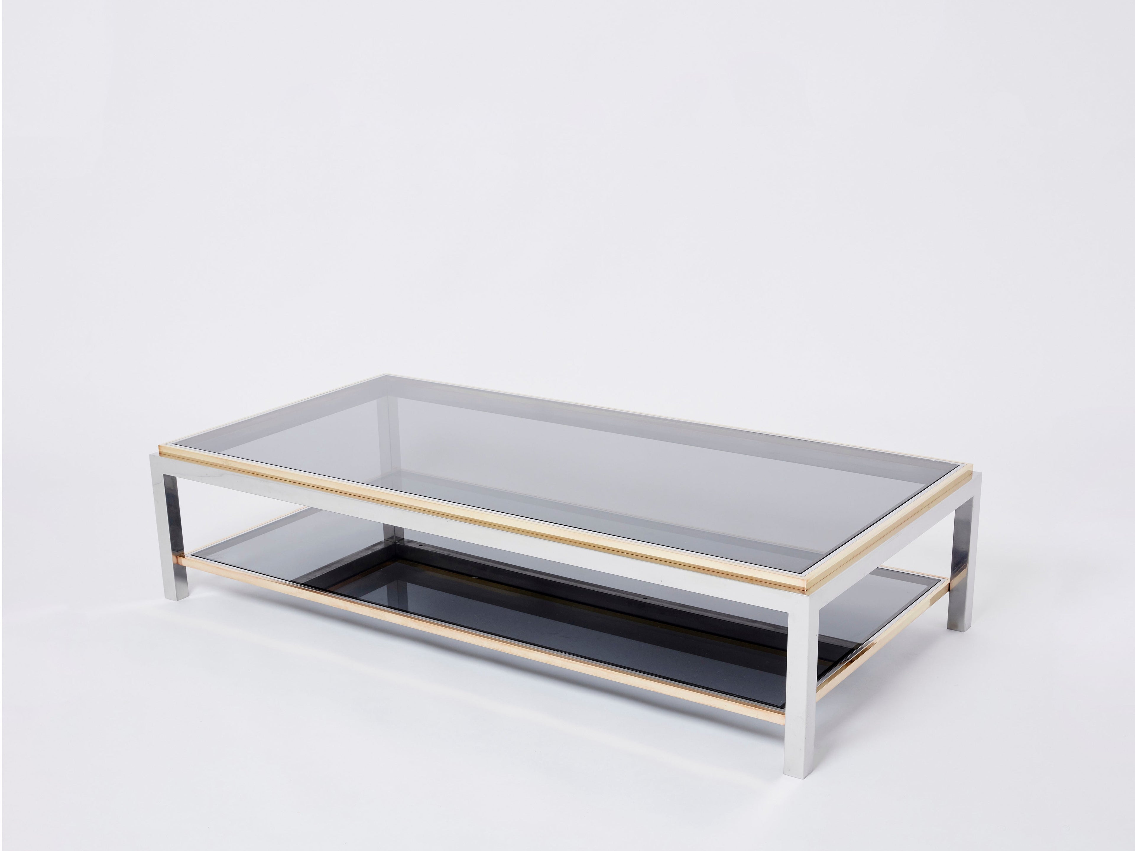 Willy Rizzo Two-Tier brass chrome smoked glass coffee table Flaminia 1970s
