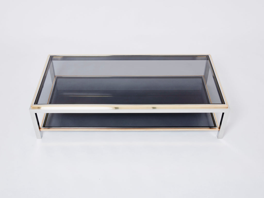 Willy Rizzo Two-Tier brass chrome smoked glass coffee table Flaminia 1970s