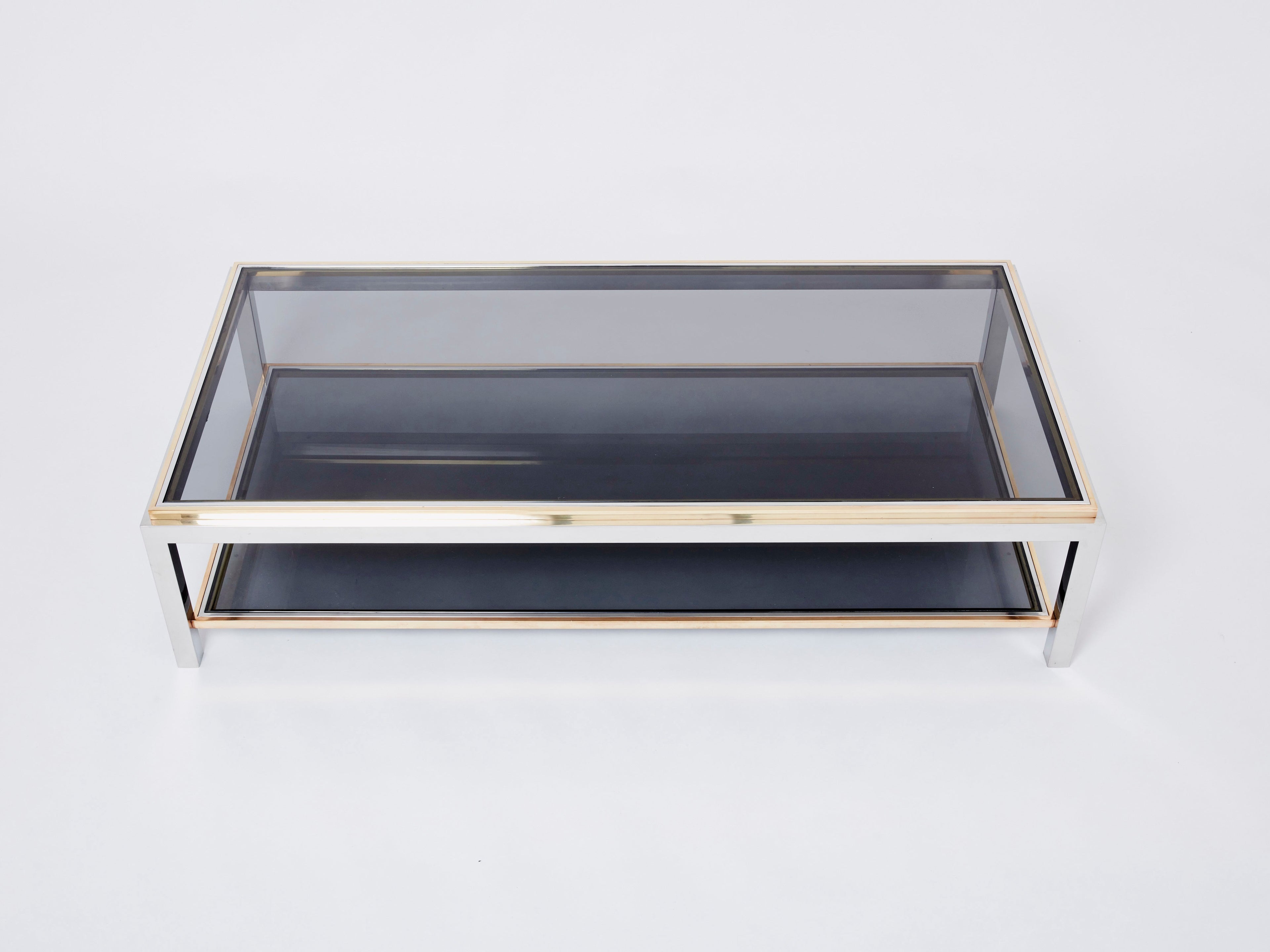 Willy Rizzo Two-Tier brass chrome smoked glass coffee table Flaminia 1970s