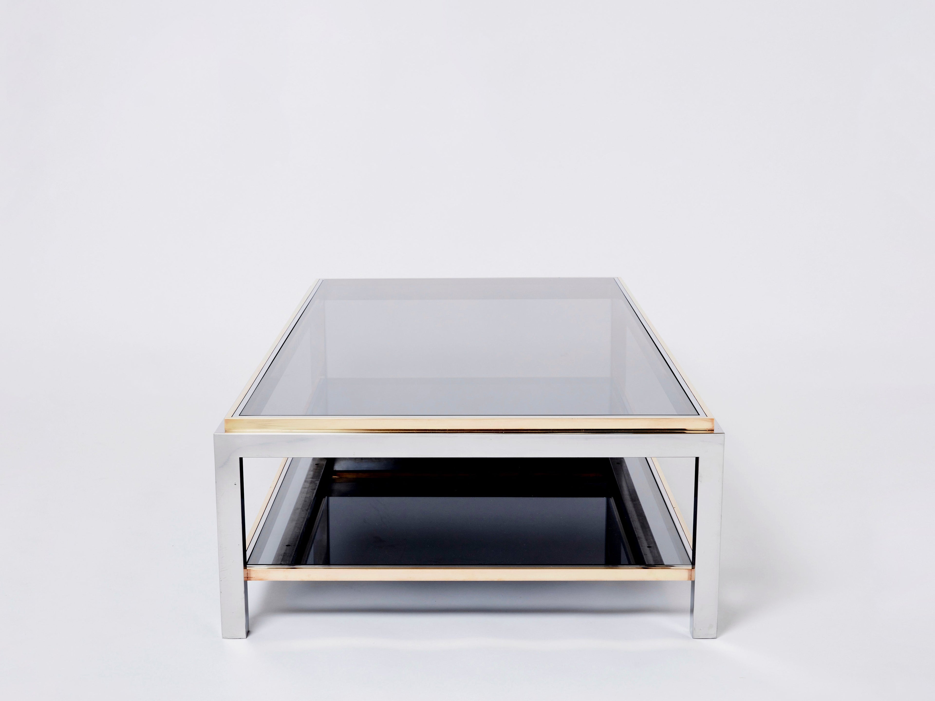 Willy Rizzo Two-Tier brass chrome smoked glass coffee table Flaminia 1970s