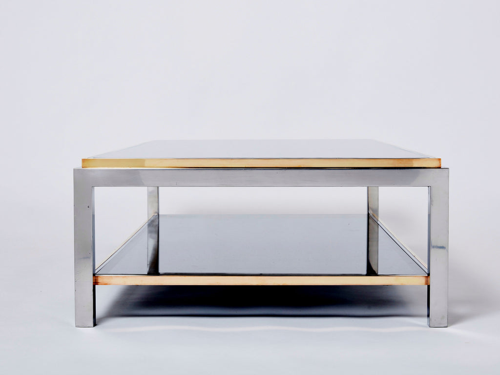 Willy Rizzo Two-Tier brass chrome smoked glass coffee table Flaminia 1970s