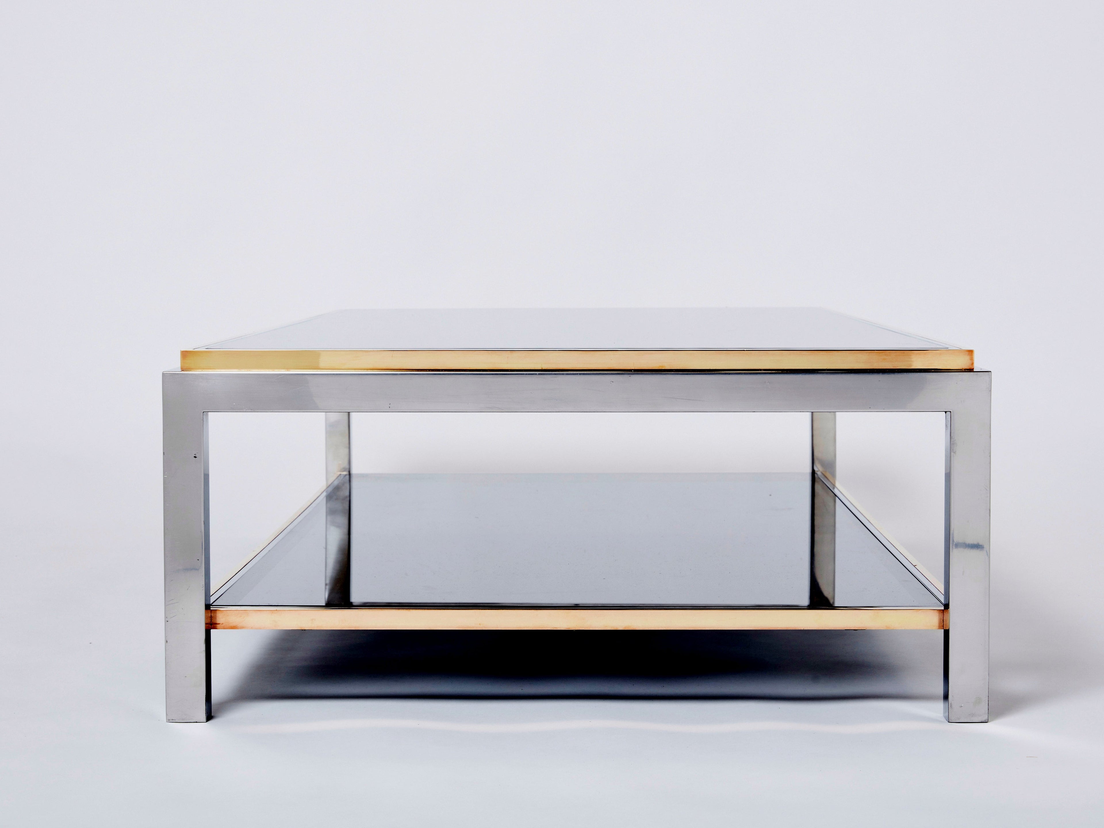 Willy Rizzo Two-Tier brass chrome smoked glass coffee table Flaminia 1970s