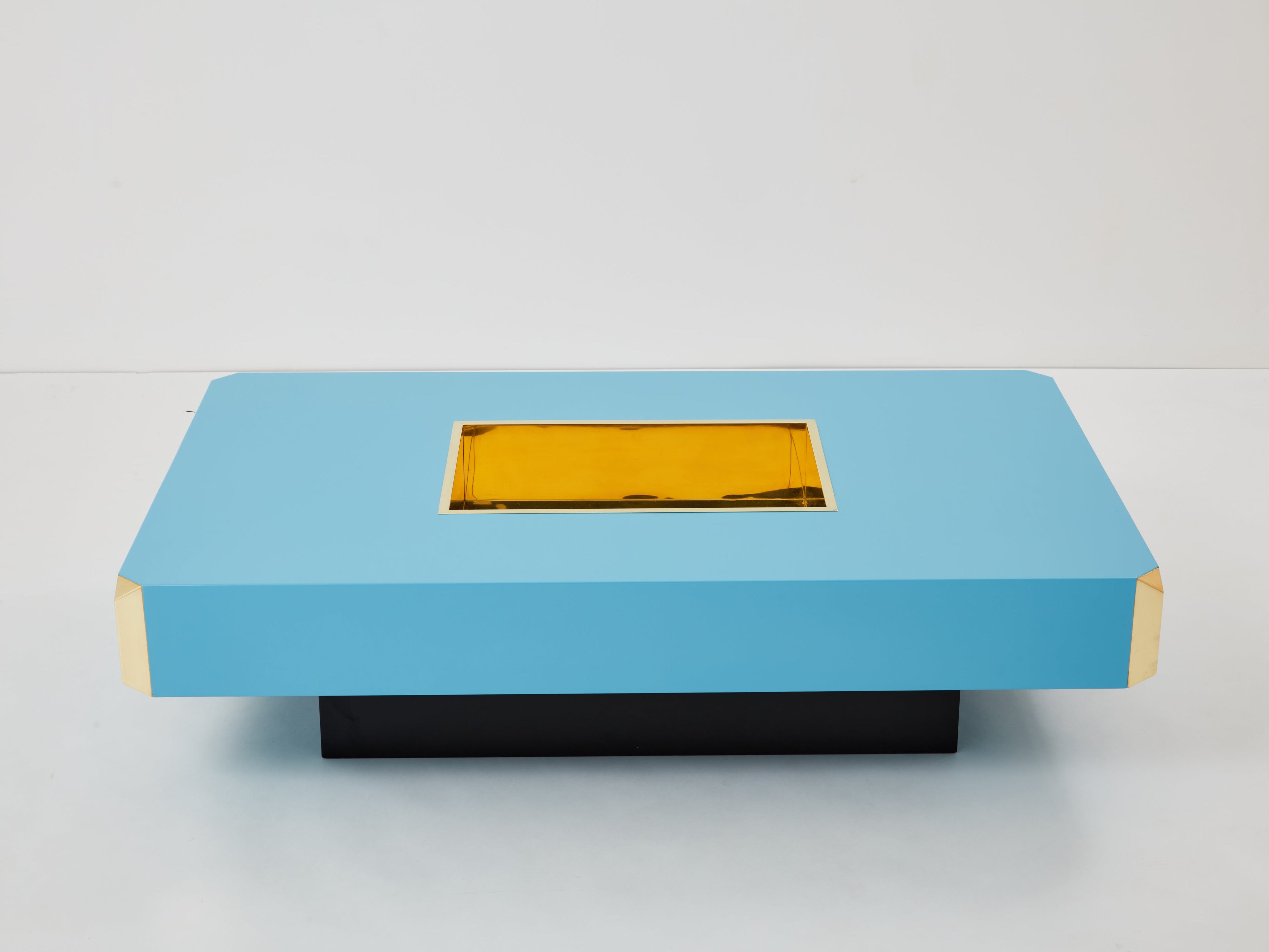Willy Rizzo blue lacquer and brass bar coffee table Alveo 1970s