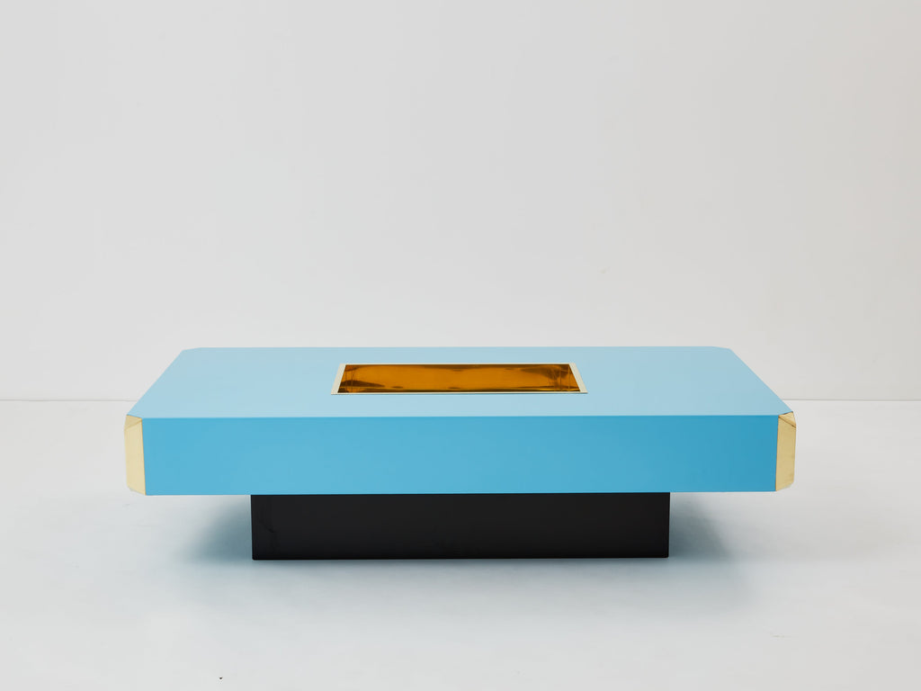 Willy Rizzo blue lacquer and brass bar coffee table Alveo 1970s