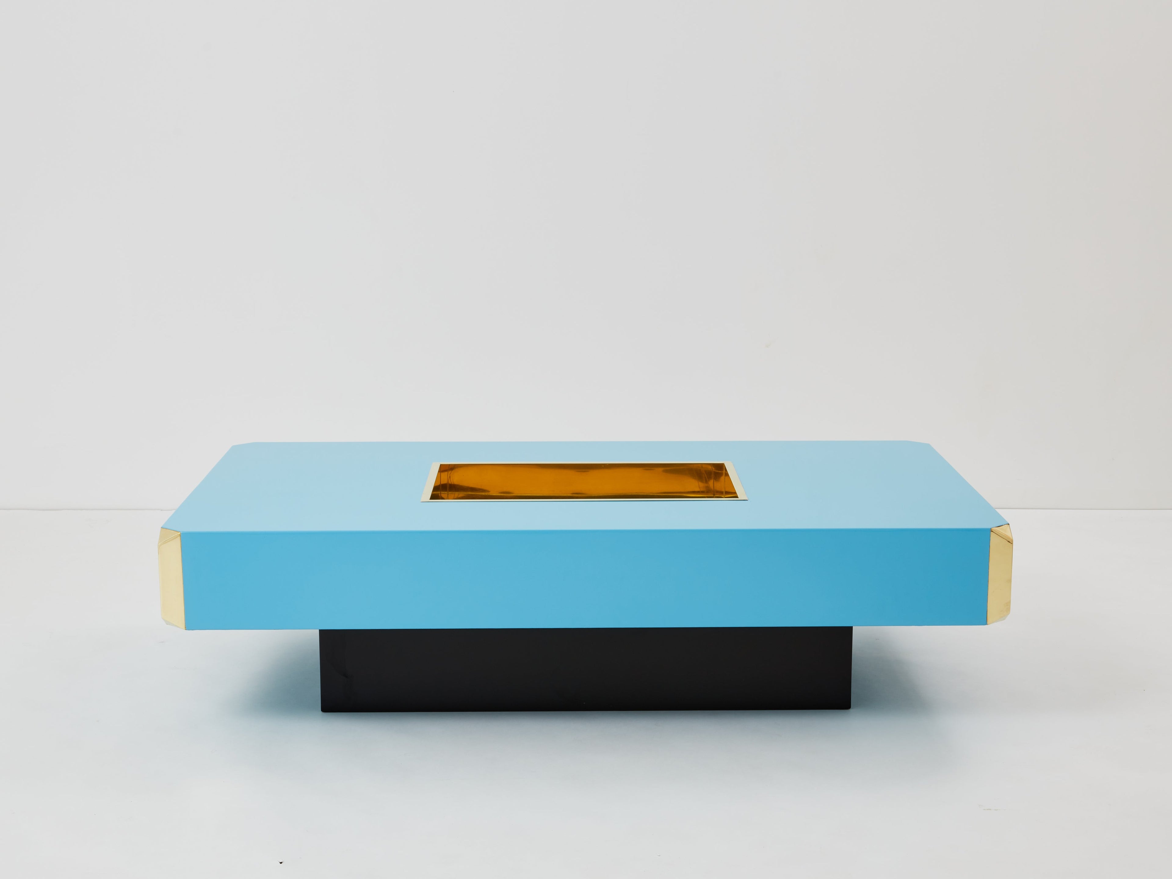 Willy Rizzo blue lacquer and brass bar coffee table Alveo 1970s