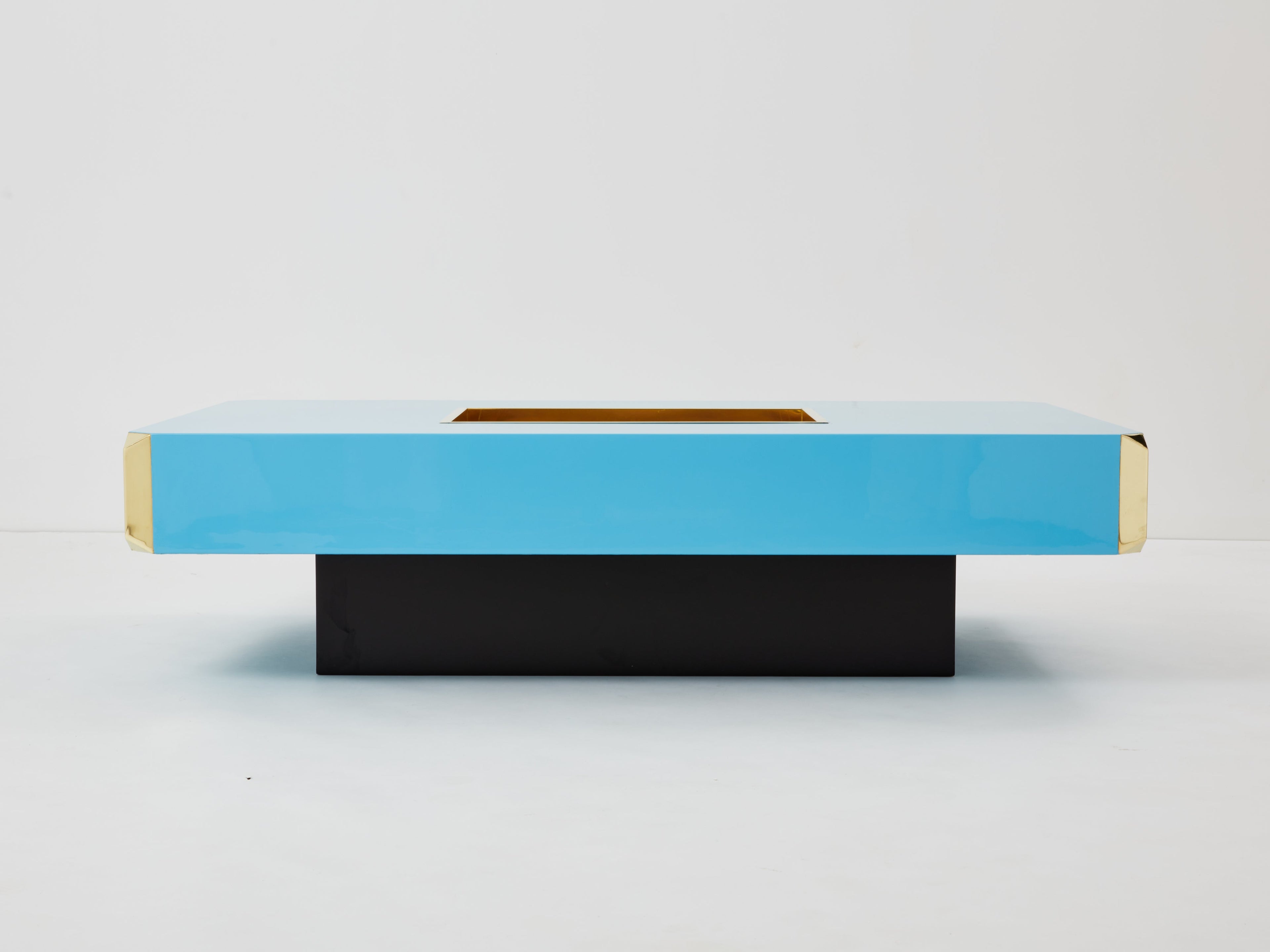 Willy Rizzo blue lacquer and brass bar coffee table Alveo 1970s