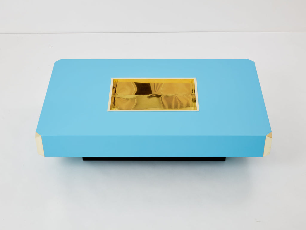 Willy Rizzo blue lacquer and brass bar coffee table Alveo 1970s