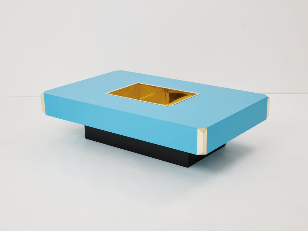 Willy Rizzo blue lacquer and brass bar coffee table Alveo 1970s