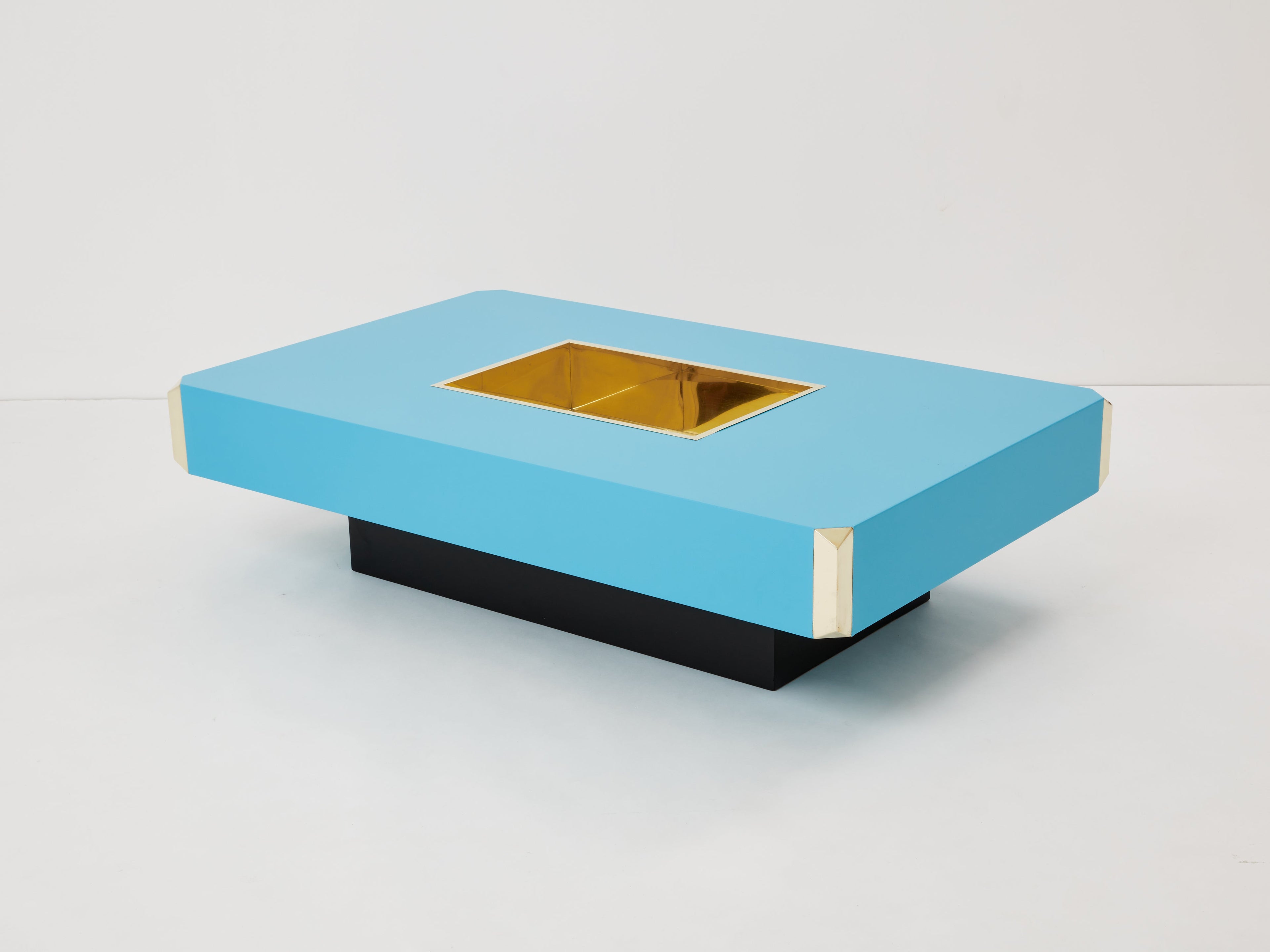 Willy Rizzo blue lacquer and brass bar coffee table Alveo 1970s