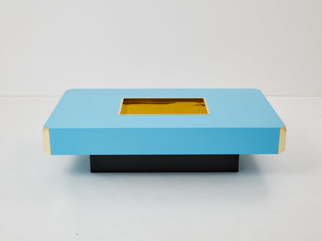 Willy Rizzo blue lacquer and brass bar coffee table Alveo 1970s
