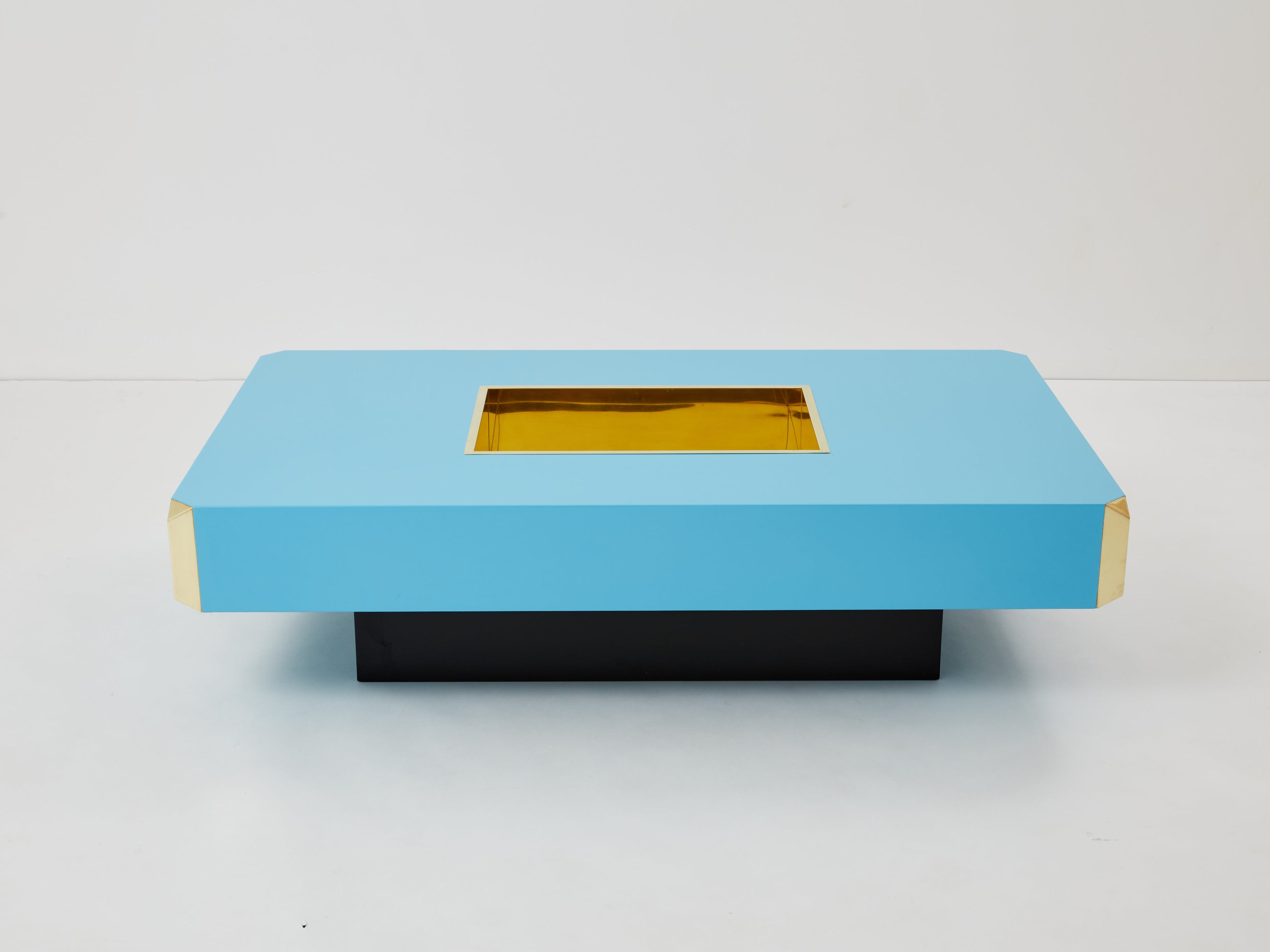 Willy Rizzo blue lacquer and brass bar coffee table Alveo 1970s