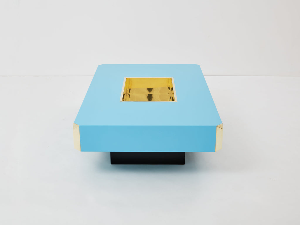 Willy Rizzo blue lacquer and brass bar coffee table Alveo 1970s