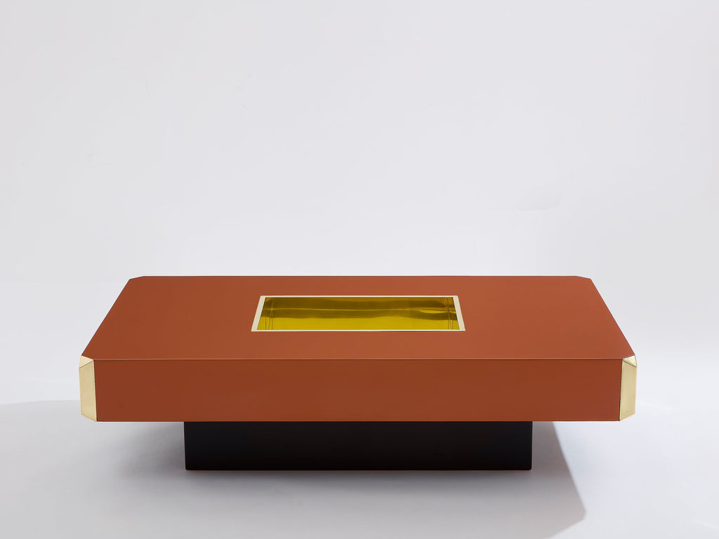Willy Rizzo brown lacquer and brass bar coffee table Alveo 1970s