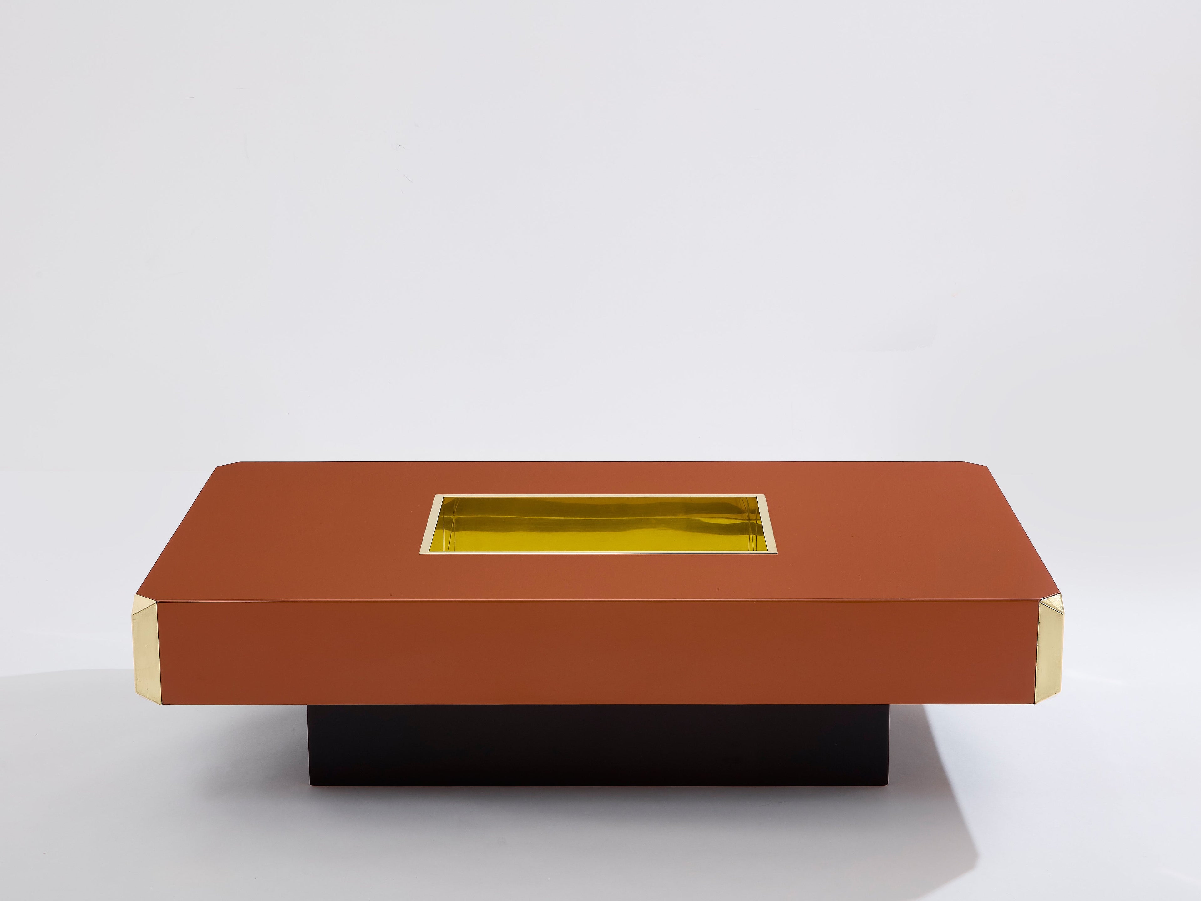 Willy Rizzo brown lacquer and brass bar coffee table Alveo 1970s
