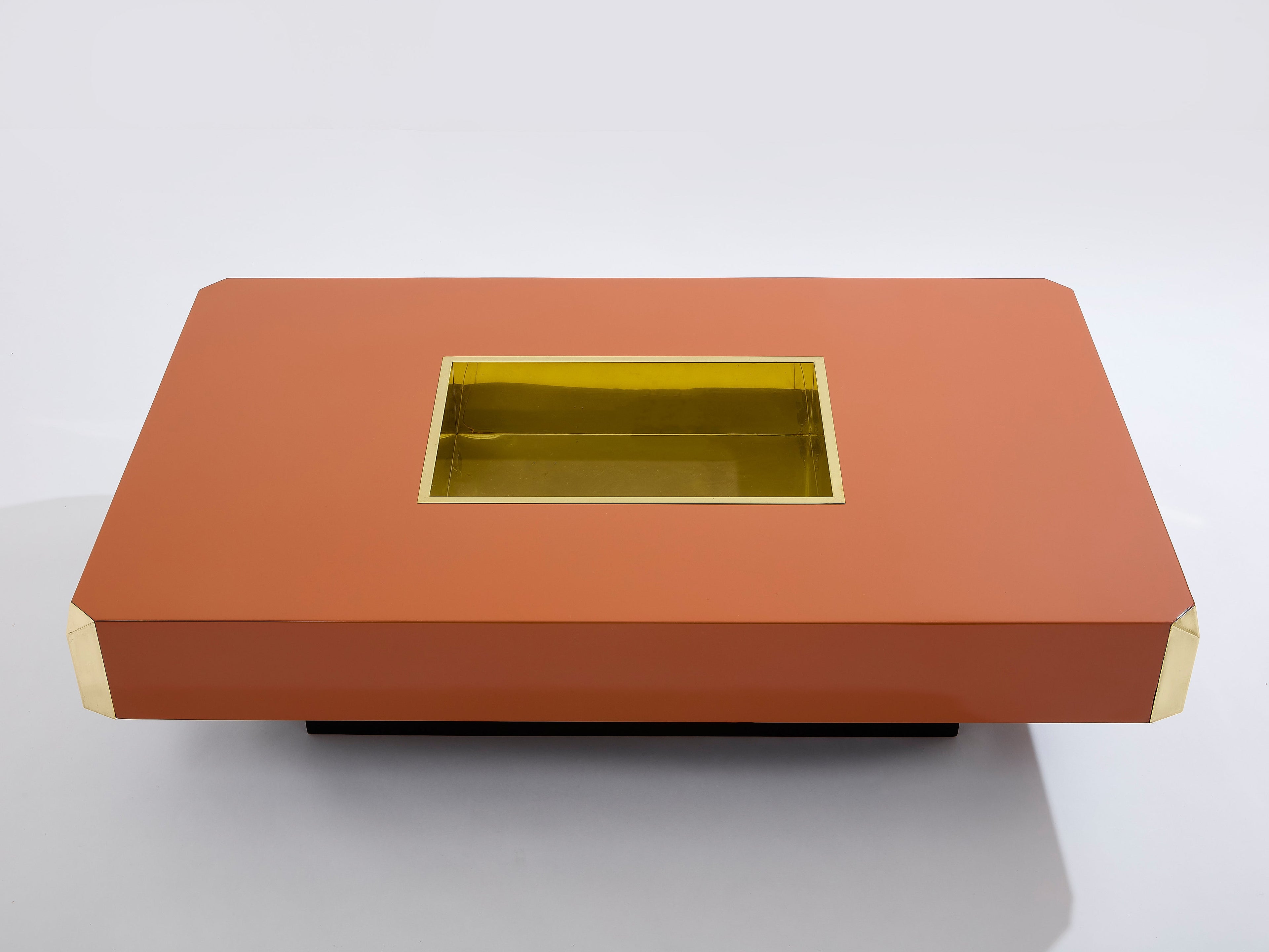 Willy Rizzo brown lacquer and brass bar coffee table Alveo 1970s