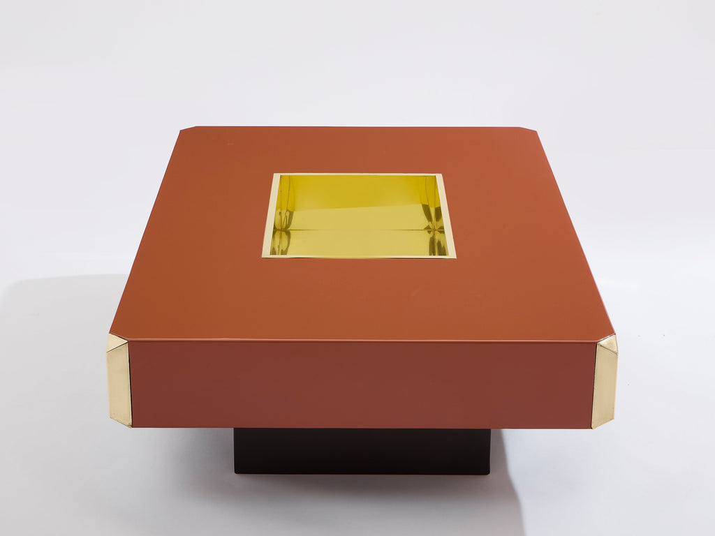 Willy Rizzo brown lacquer and brass bar coffee table Alveo 1970s