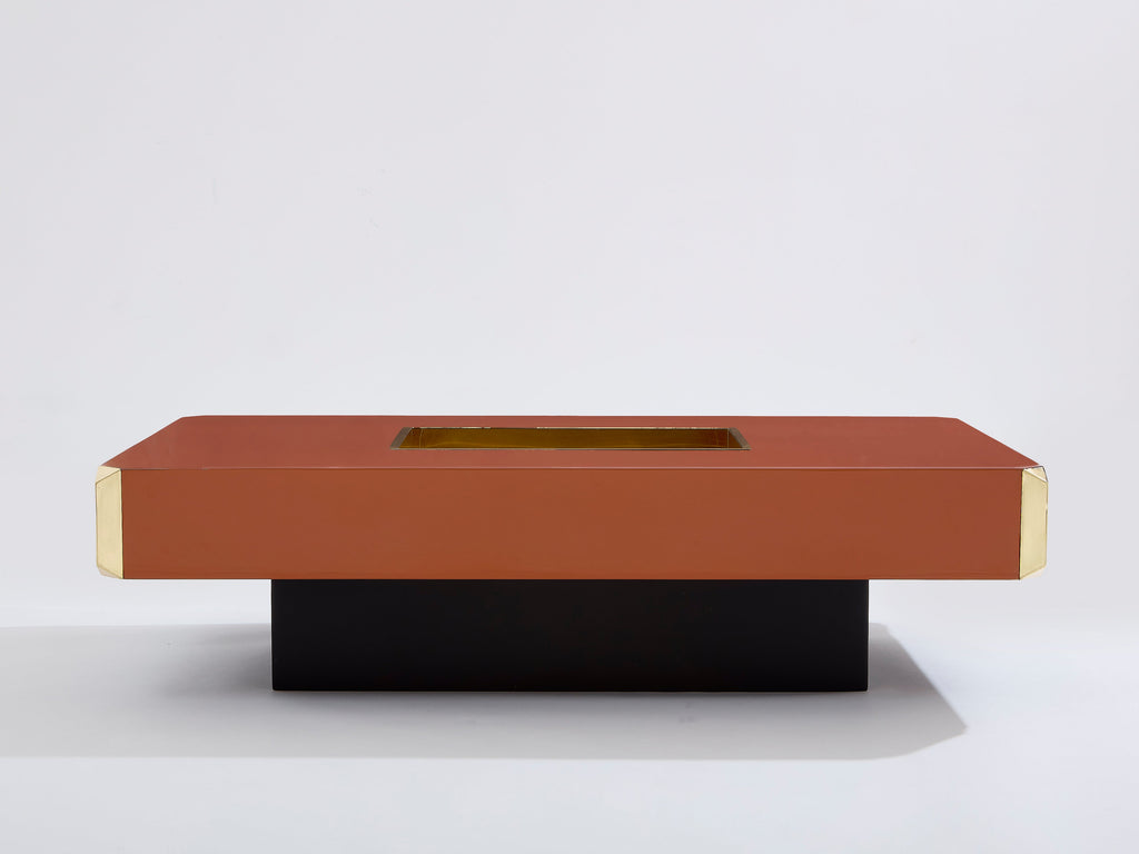 Willy Rizzo brown lacquer and brass bar coffee table Alveo 1970s