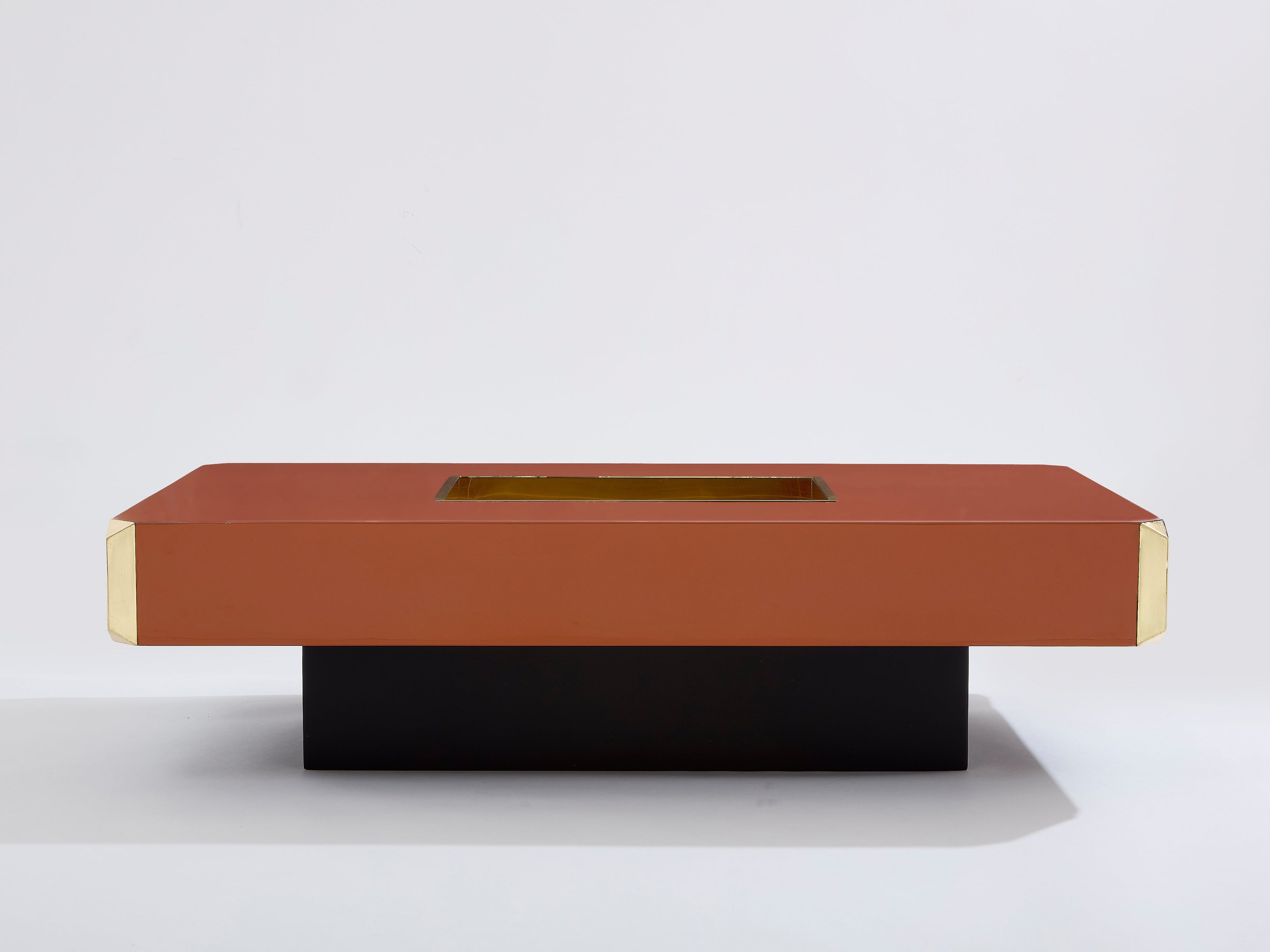 Willy Rizzo brown lacquer and brass bar coffee table Alveo 1970s