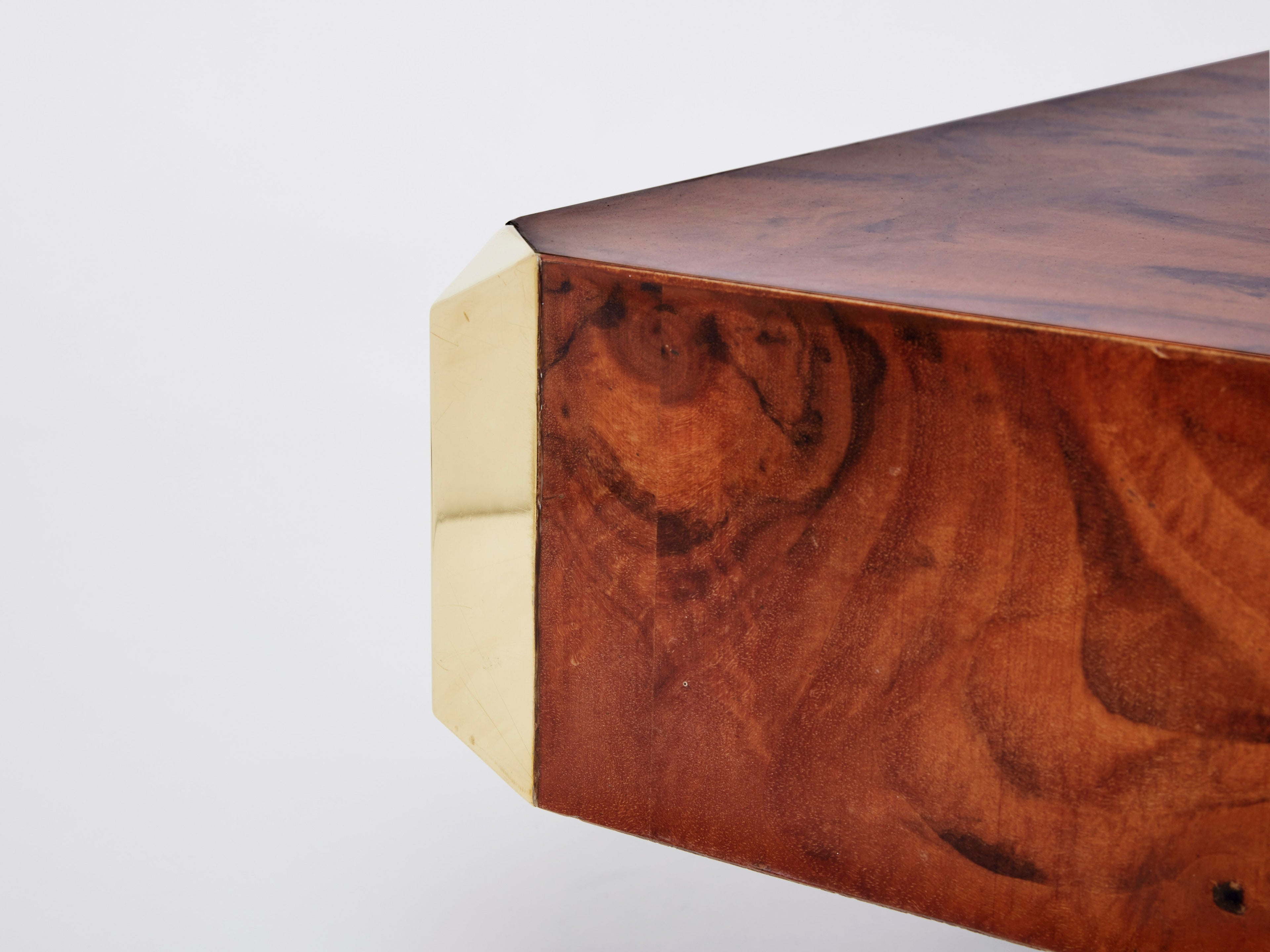 Willy Rizzo burl wood and brass square bar coffee table Alveo 1970s