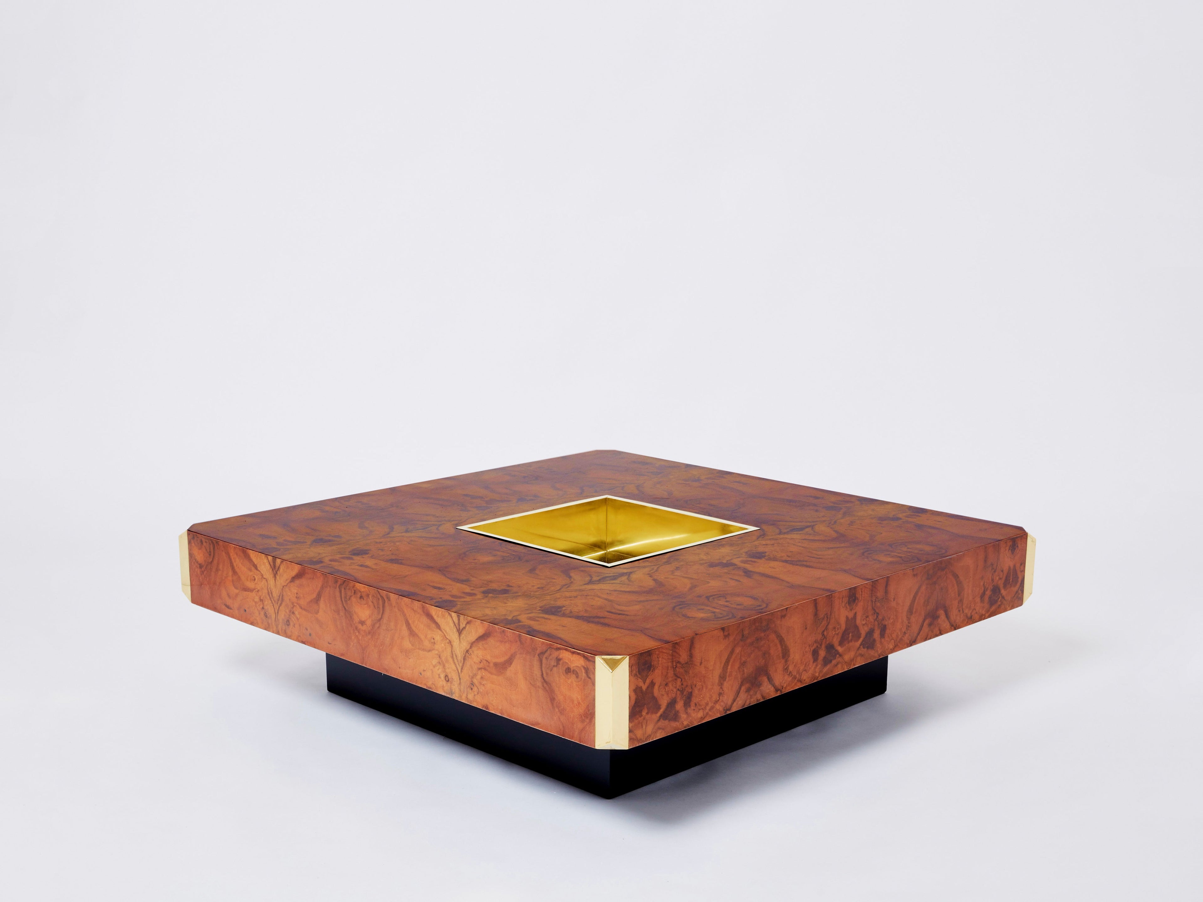 Willy Rizzo burl wood and brass square bar coffee table Alveo 1970s