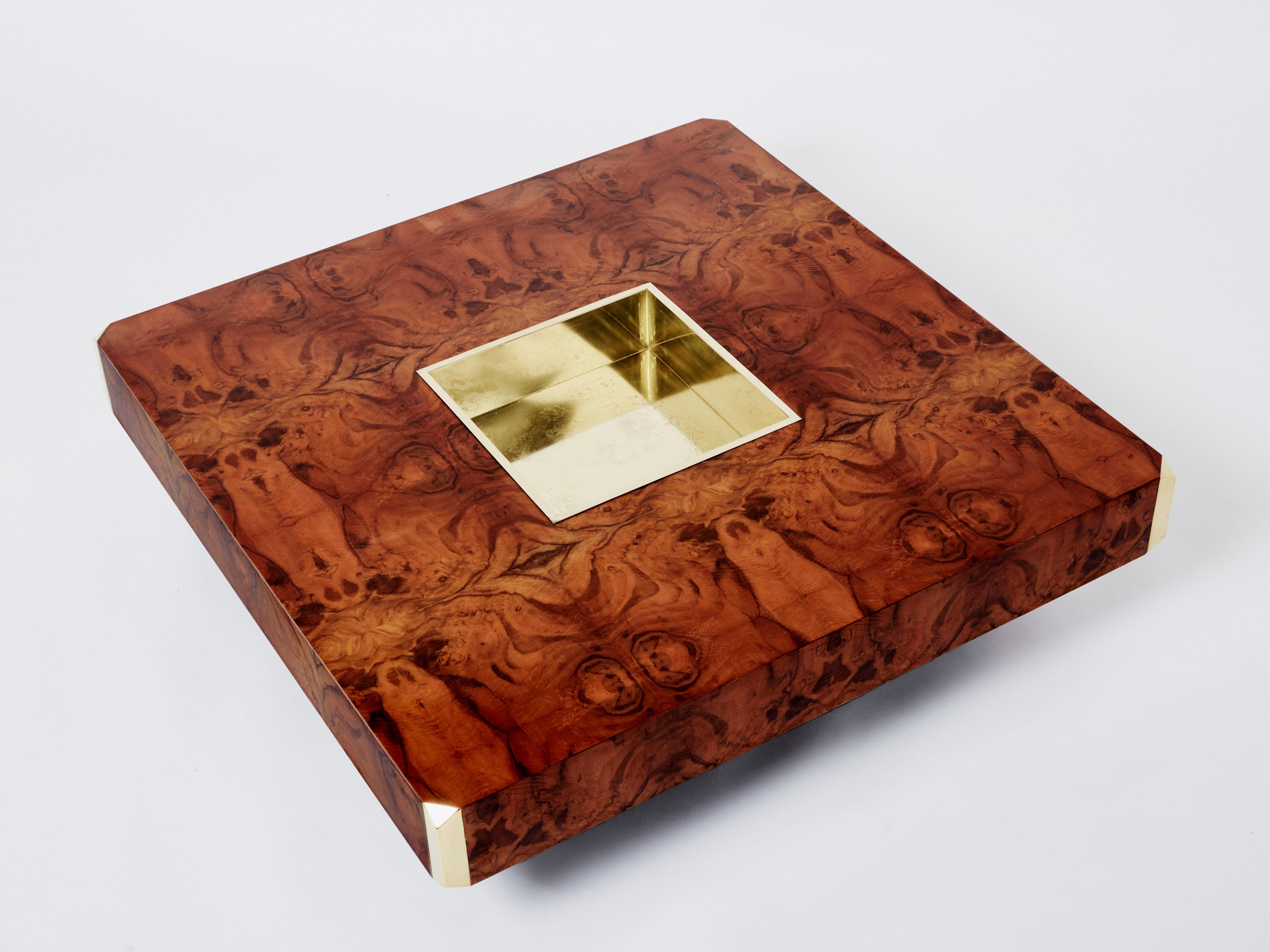 Willy Rizzo burl wood and brass square bar coffee table Alveo 1970s