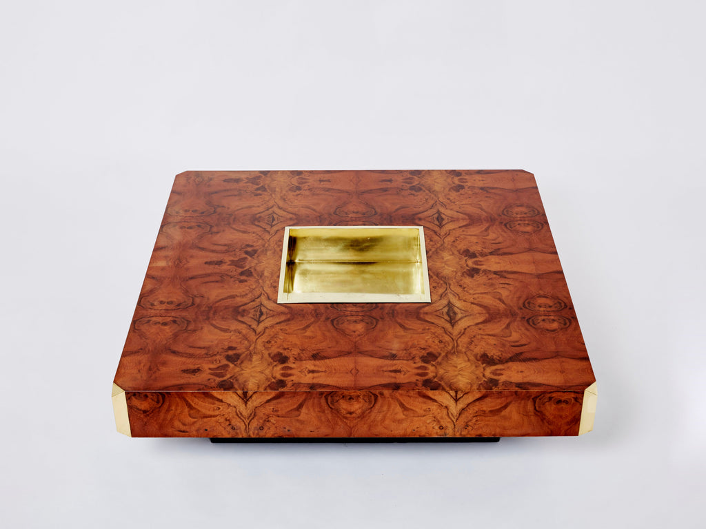 Willy Rizzo burl wood and brass square bar coffee table Alveo 1970s