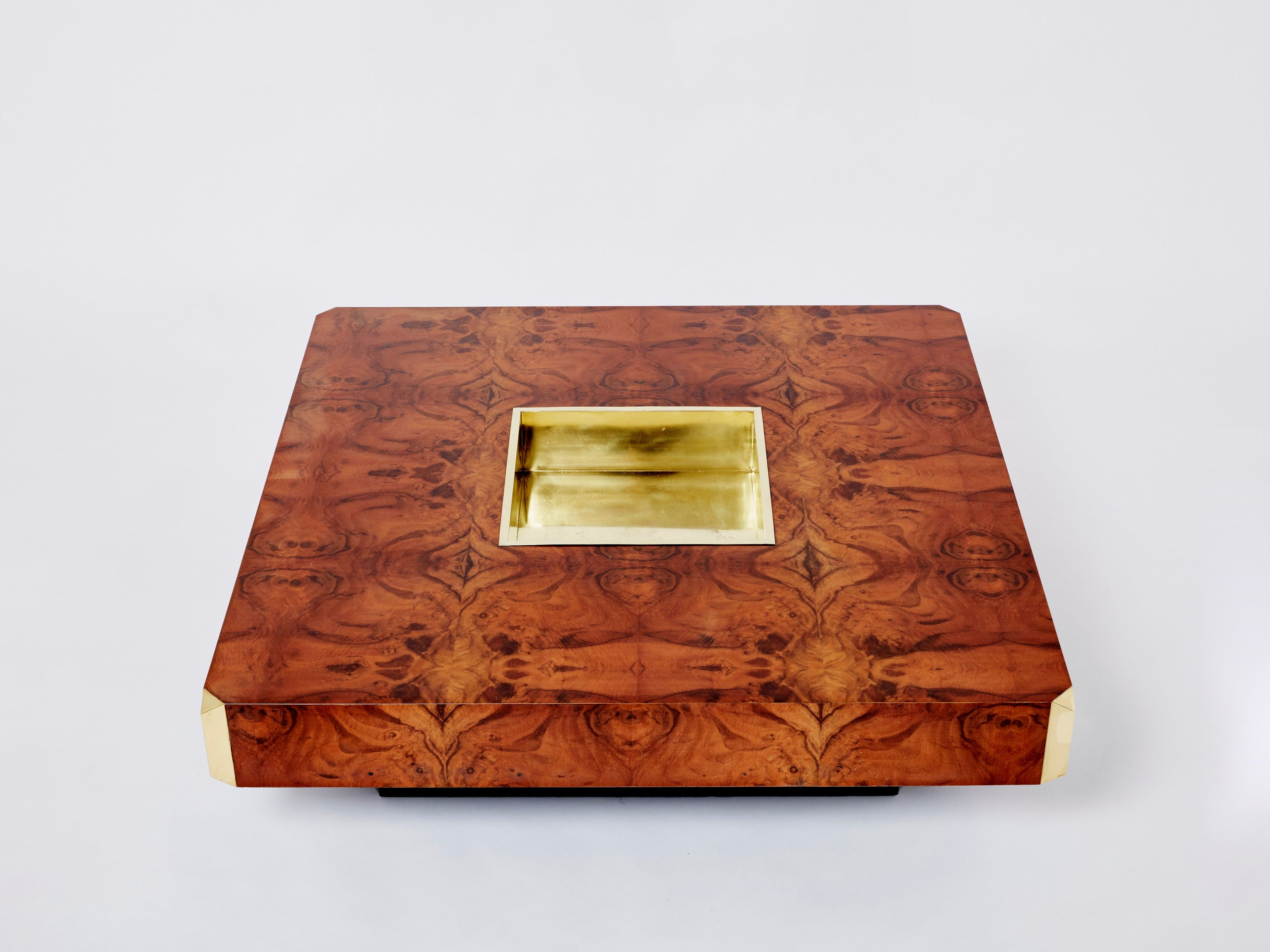 Willy Rizzo burl wood and brass square bar coffee table Alveo 1970s